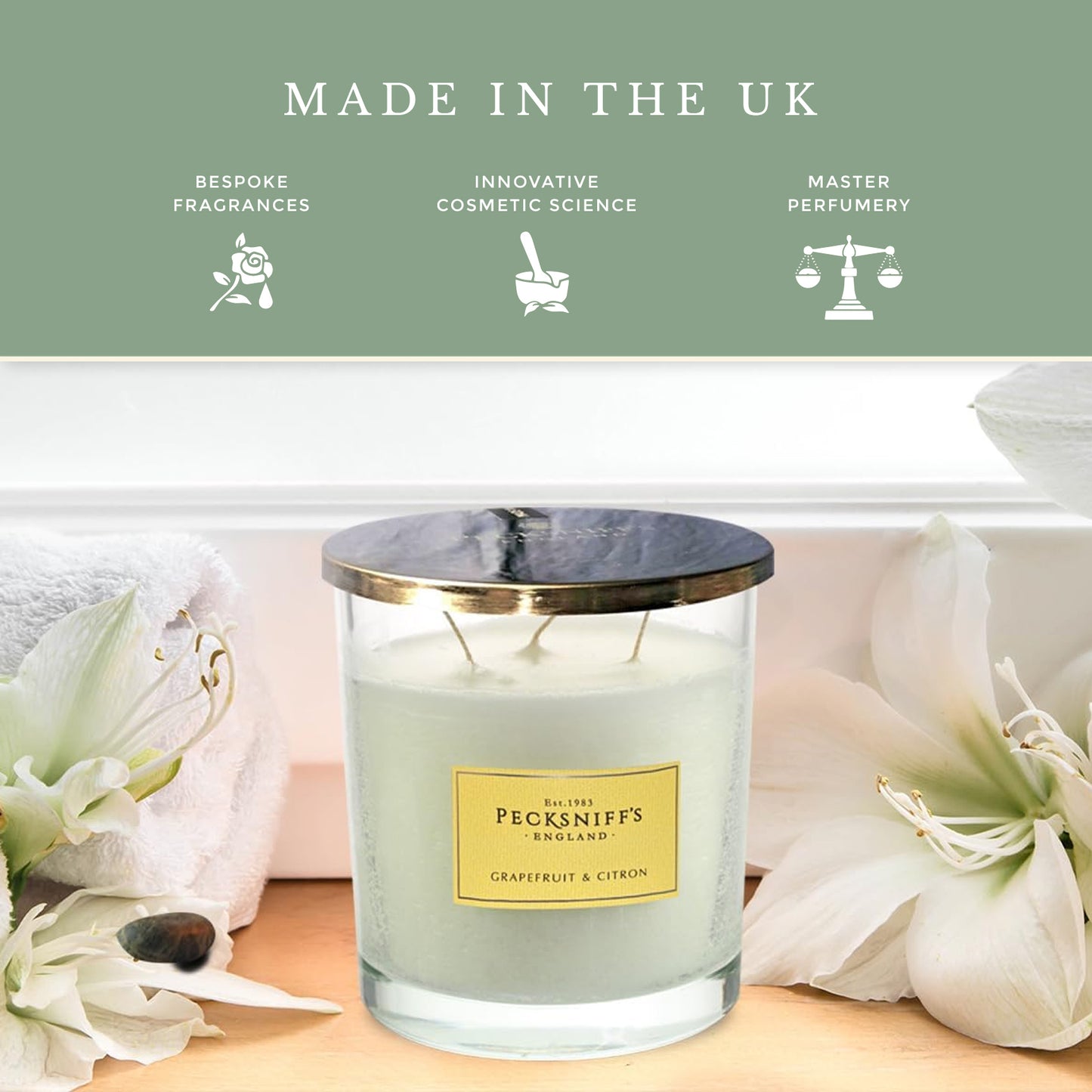Pecksniffs Classic Grapefruit & Citron Scented Candle | 3 Wicks, 550g/19.4oz