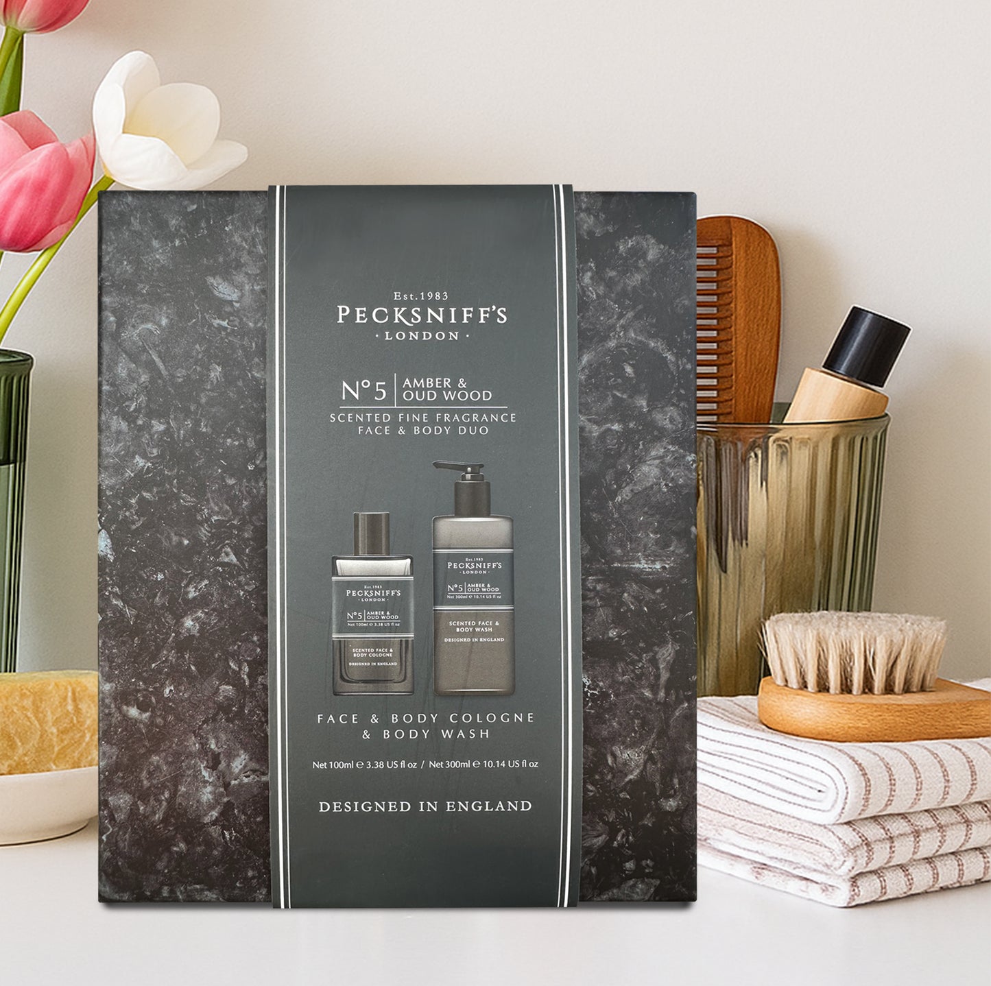 Pecksniff's Face & Body Duo Amber & Oud Wood – Men’s Grooming Gift Set with 100ml Face & Body Cologne and 250ml Body Wash – Luxury Fragrance Collection, Made in England