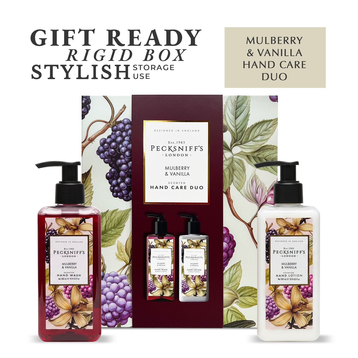 Pecksniff’s Hand Care Duo Gift Set, Mulberry & Vanilla, Hard Box Set with 300ml Hand Wash and 300ml Hand Lotion, Moisturizing Sink Set, Designed in England