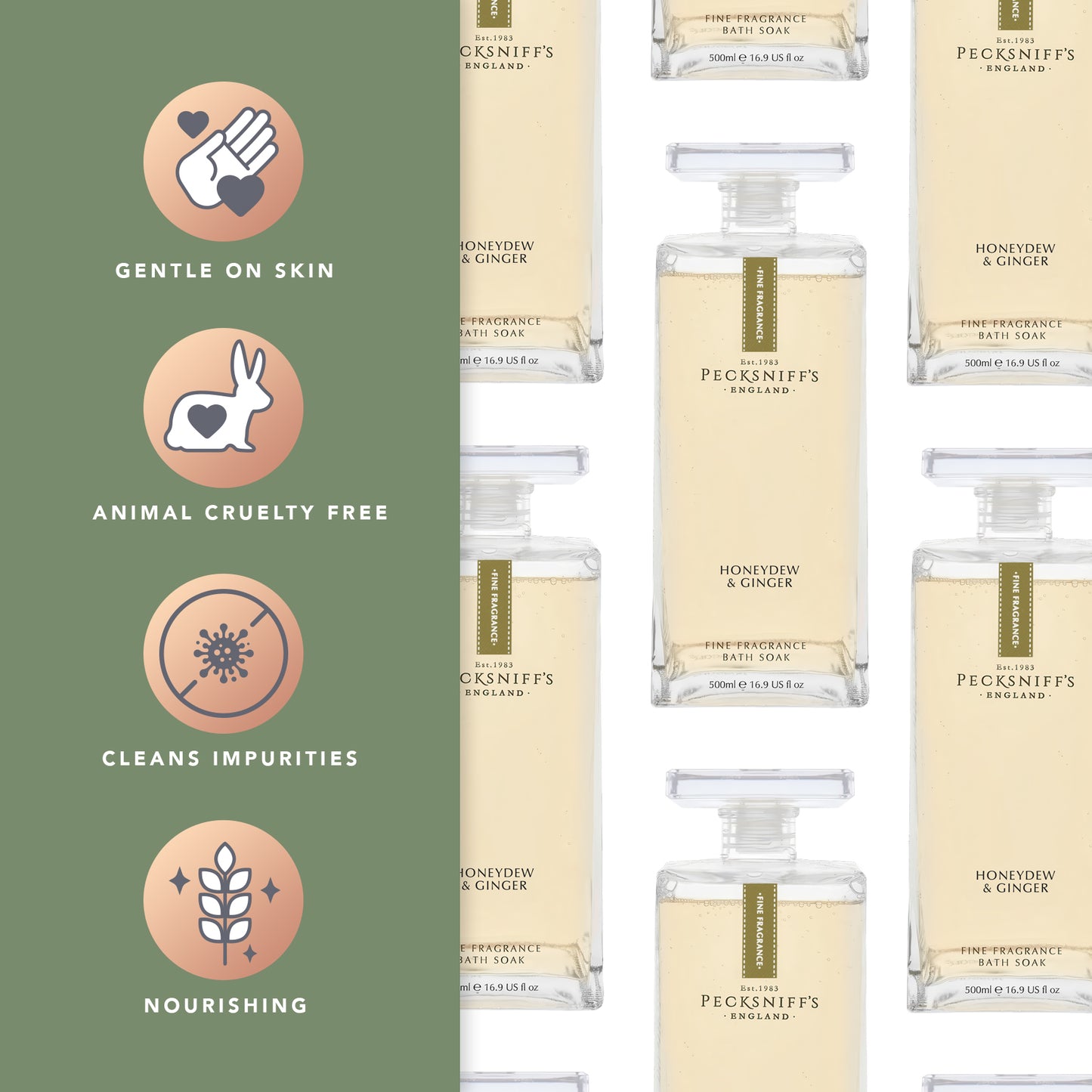 Pecksniff's Prestige Honeydew & Ginger Bath Soak Decanter | 500ml/16.9 Fl Oz