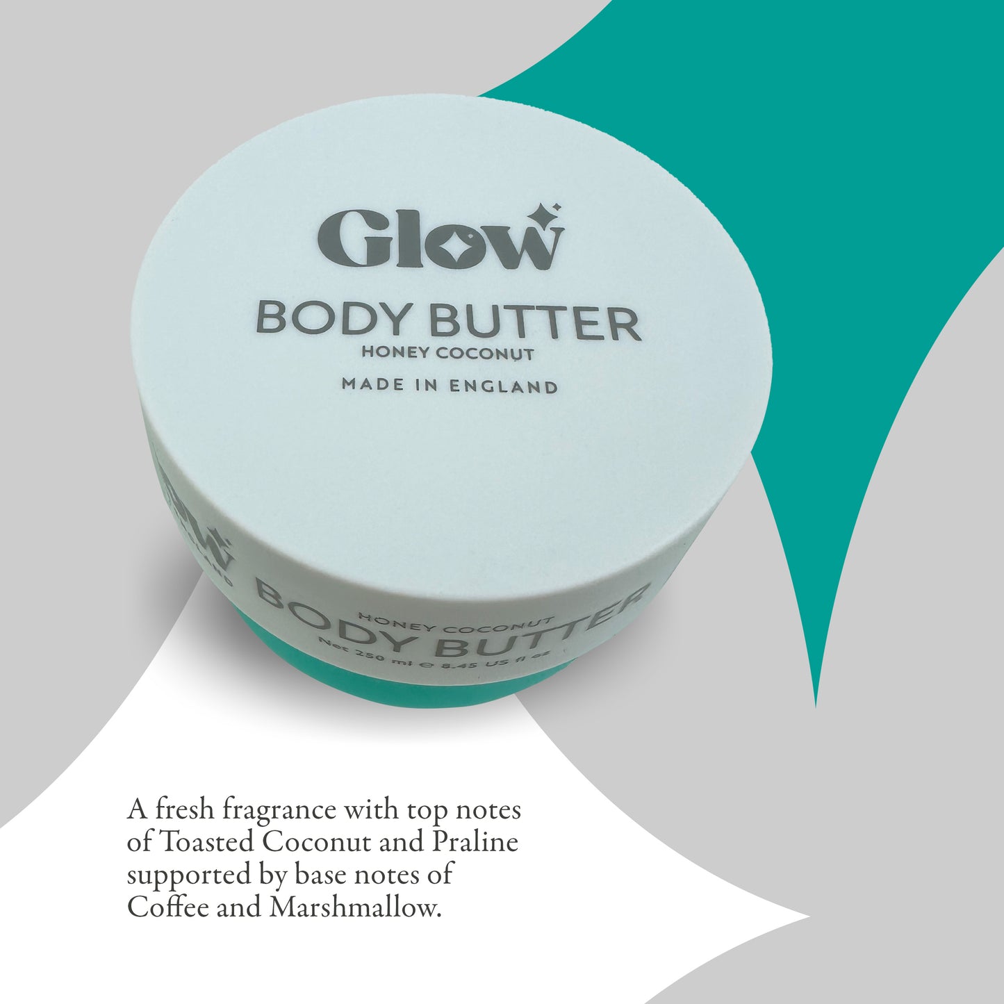Glow Body Butter – Honey Coconut Scent, 250 ml / 8.45 fl oz – Ultra Moisturizing Skincare for Dry Skin, Made in England