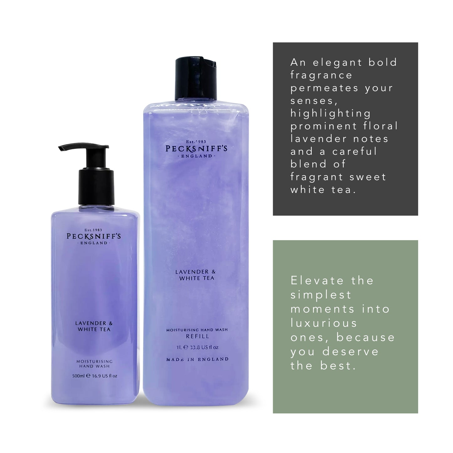 Pecksniff's Classic Lavender & White Tea Moisturizing Hand Wash 500ml/16.9 Fl oz and Hand Wash Refill 1L/1000ml,33.8 Oz
