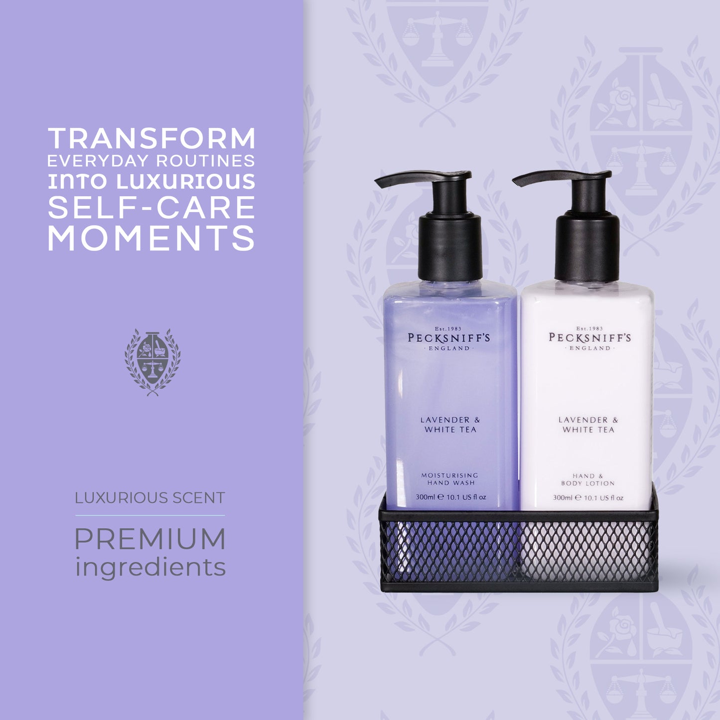 Pecksniffs Lavender & White Tea Classic Hand Wash, Lotion & Caddy