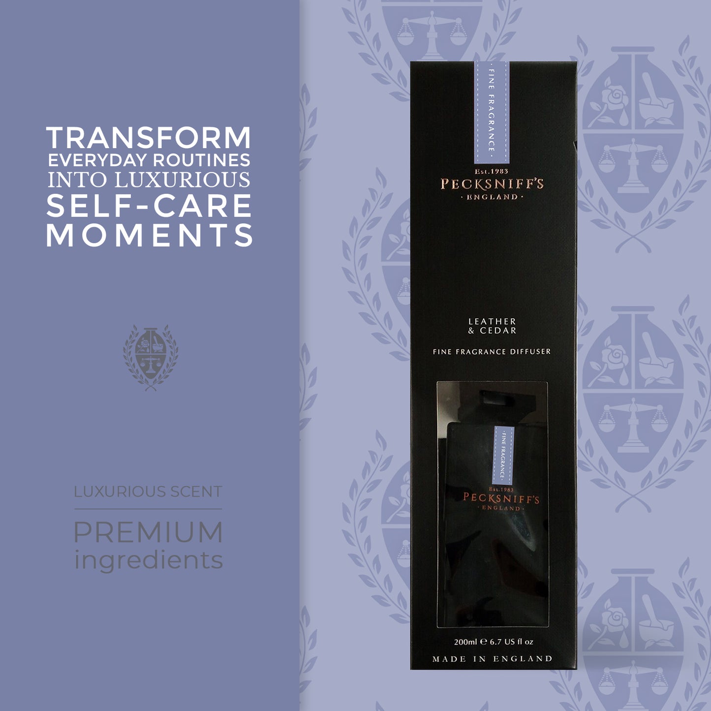Pecksniff's Leather and Cedar Black Square Diffuser | 200ml/6.76 Fl Oz