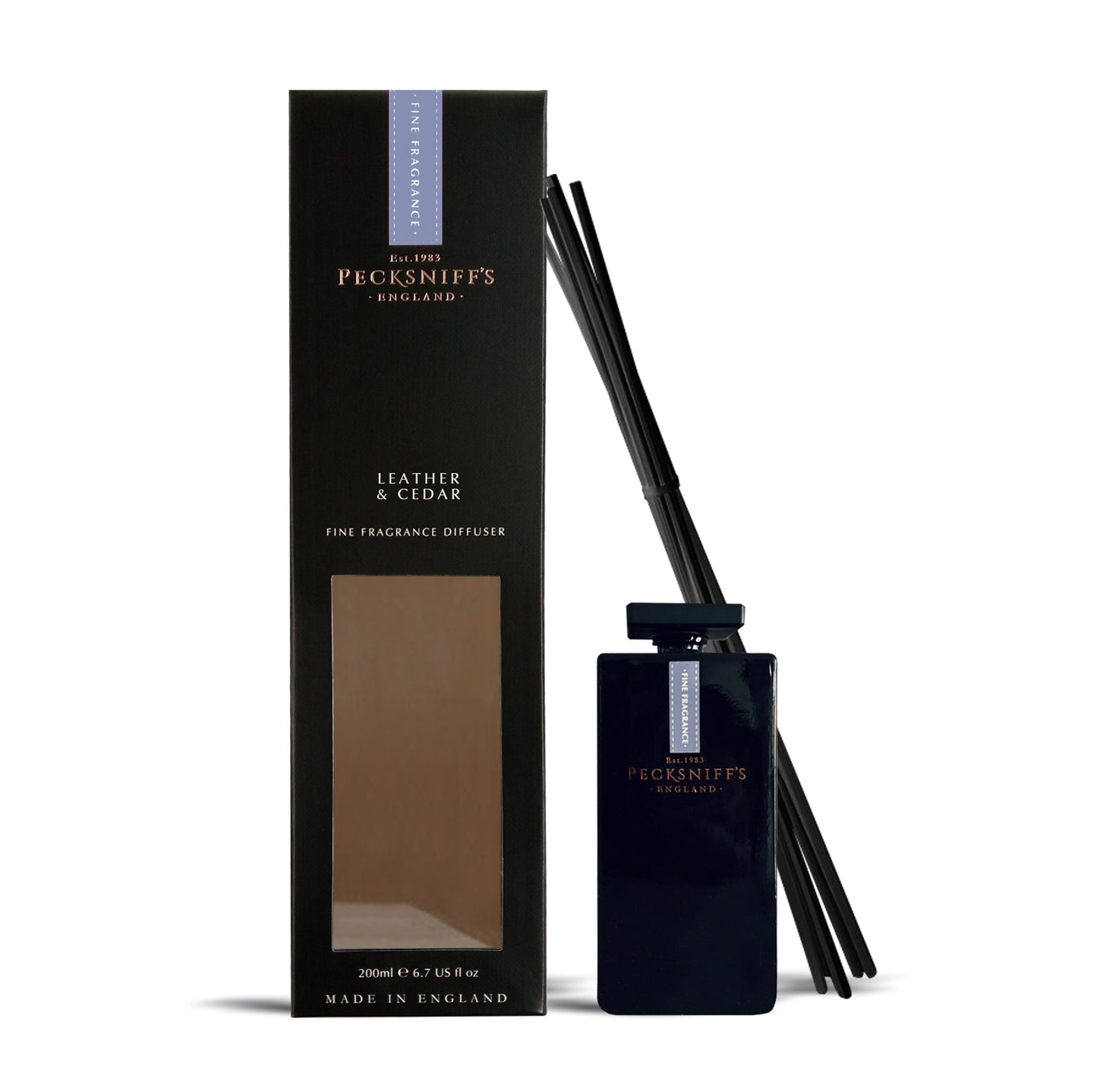 Pecksniff's Leather and Cedar Black Square Diffuser | 200ml/6.76 Fl Oz