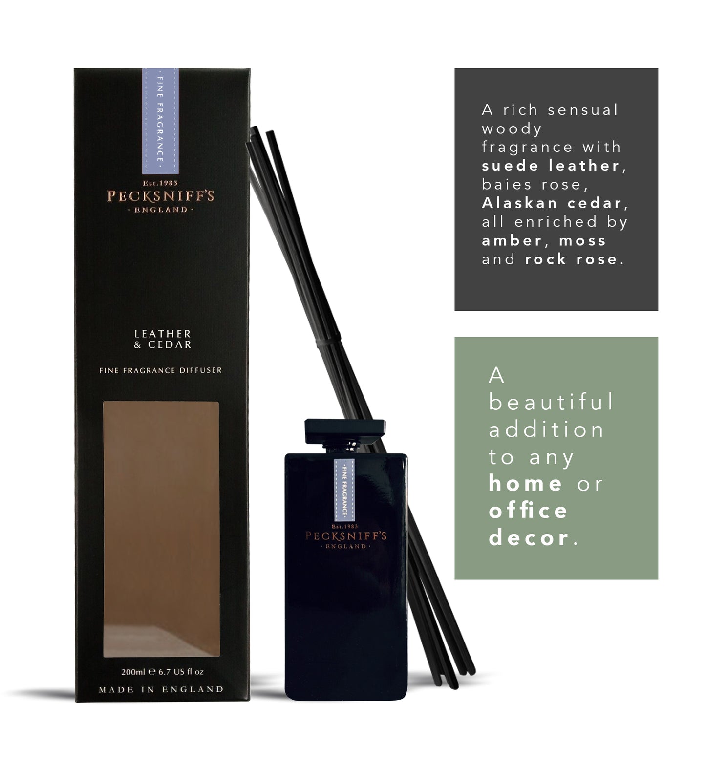 Pecksniff's Leather and Cedar Black Square Diffuser | 200ml/6.76 Fl Oz