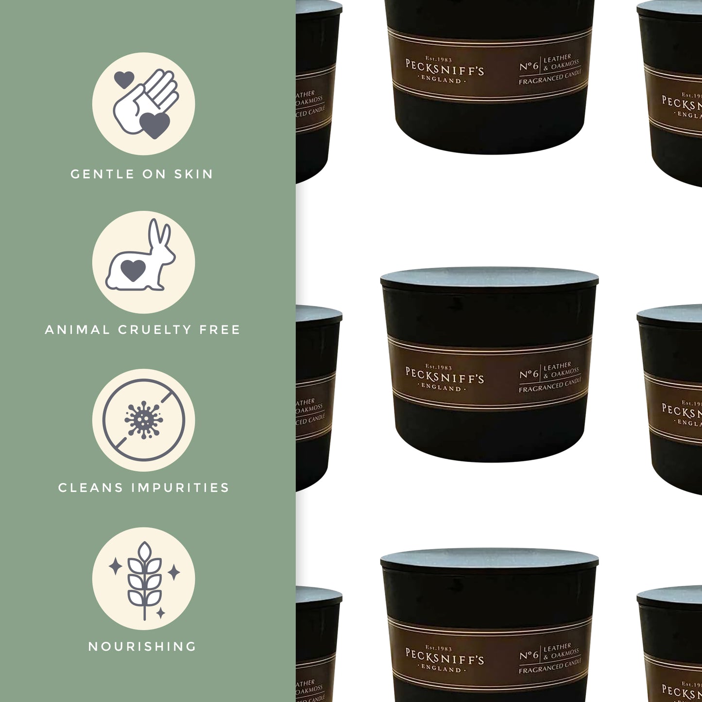 Pecksniffs Black Tall Leather & Oakmoss Scented Candle | 3 Wicks, 283g/9.9oz