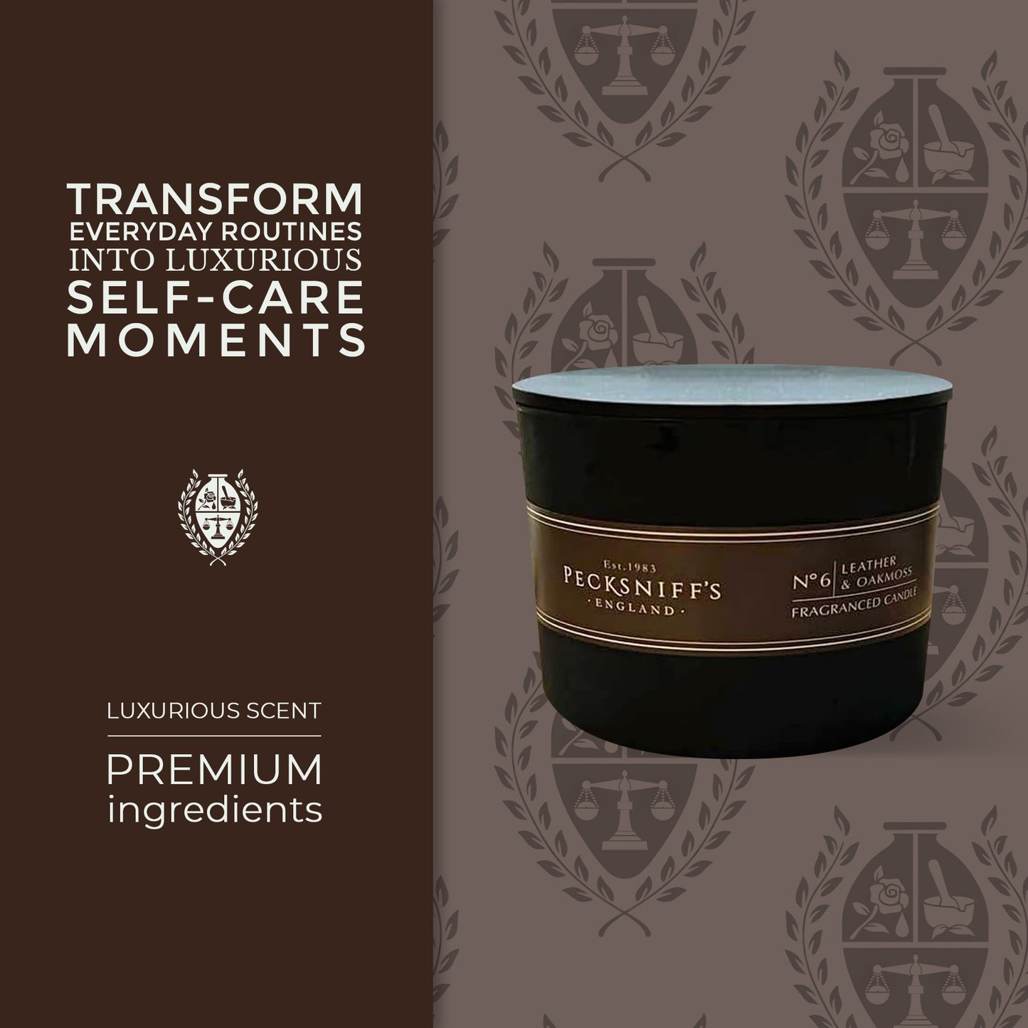 Pecksniffs Black Tall Leather & Oakmoss Scented Candle | 3 Wicks, 283g/9.9oz