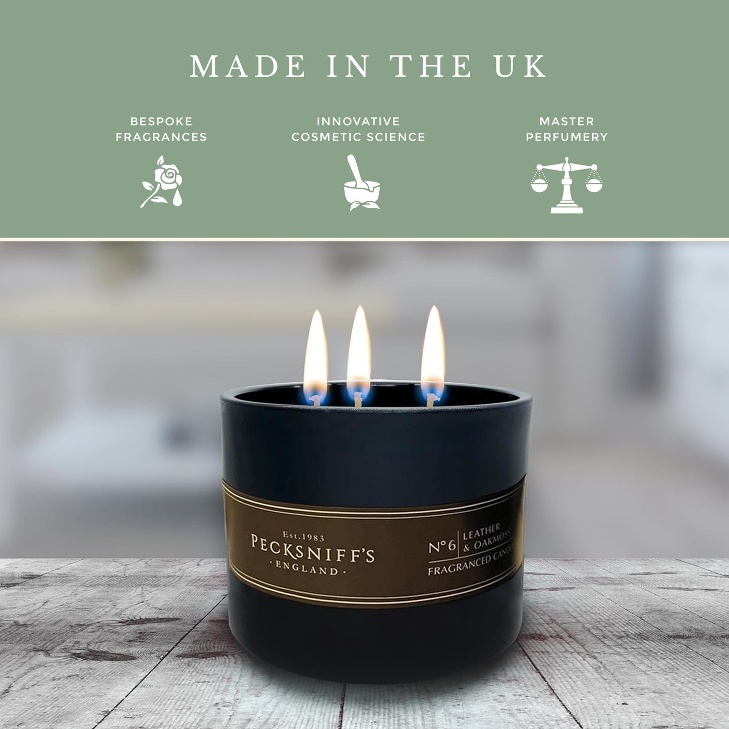 Pecksniffs Black Tall Leather & Oakmoss Scented Candle | 3 Wicks, 283g/9.9oz