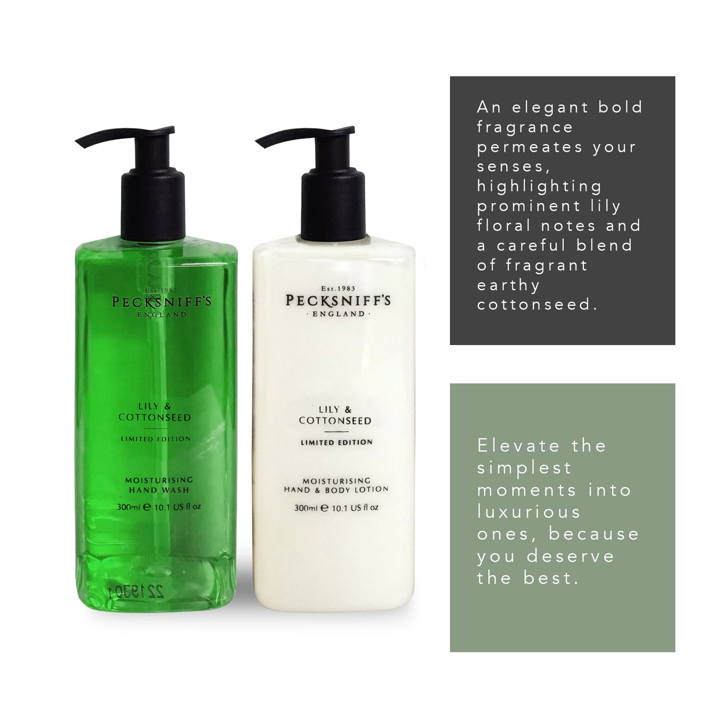 Pecksniff's Lily & Cottonseed Moisturizing Hand Wash and Hand Lotion in a Black Mesh Caddy | 300ml/10.14 Fl oz