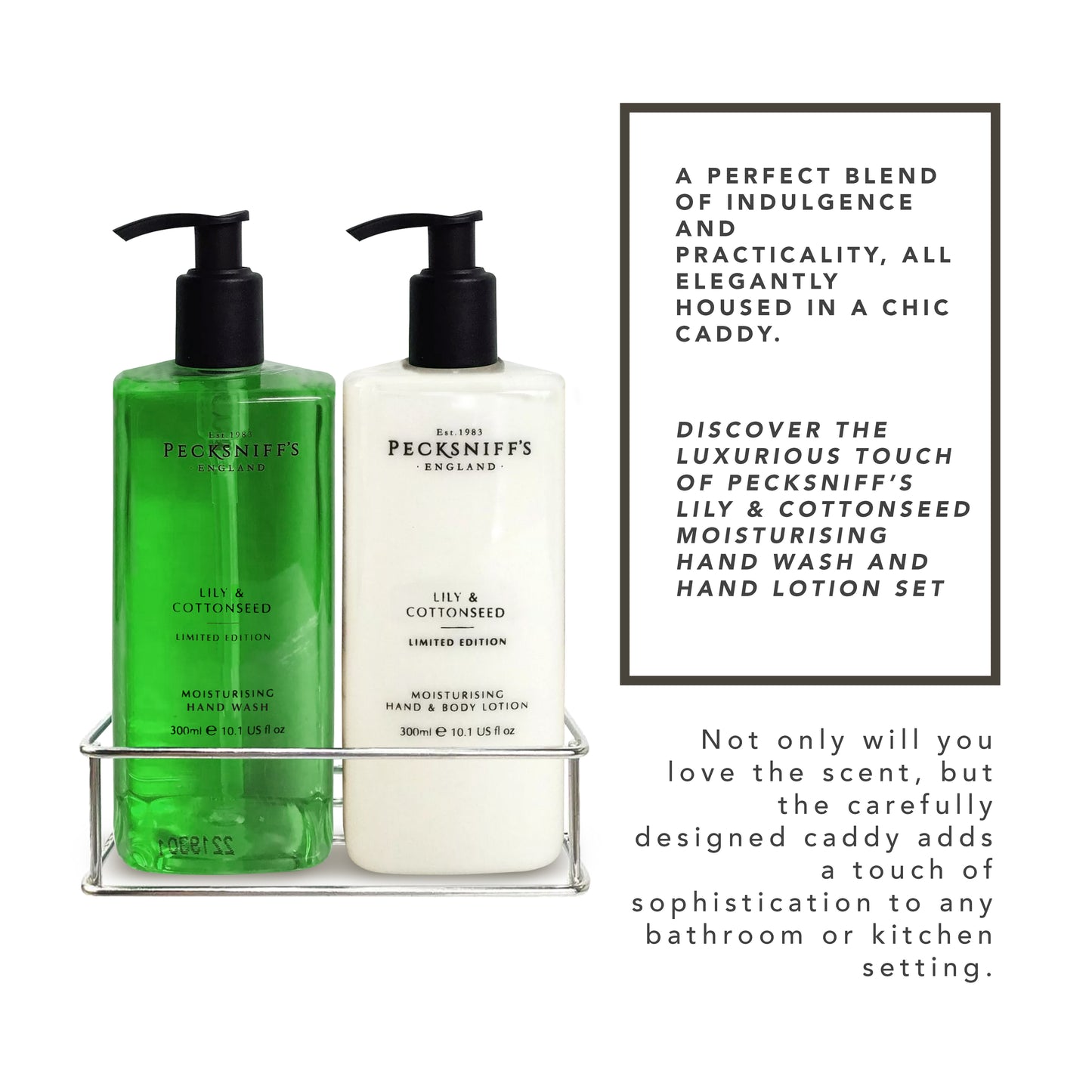 Pecksniff's Lily & Cottonseed Moisturizing Hand Wash and Hand Lotion in a Black Mesh Caddy | 300ml/10.14 Fl oz