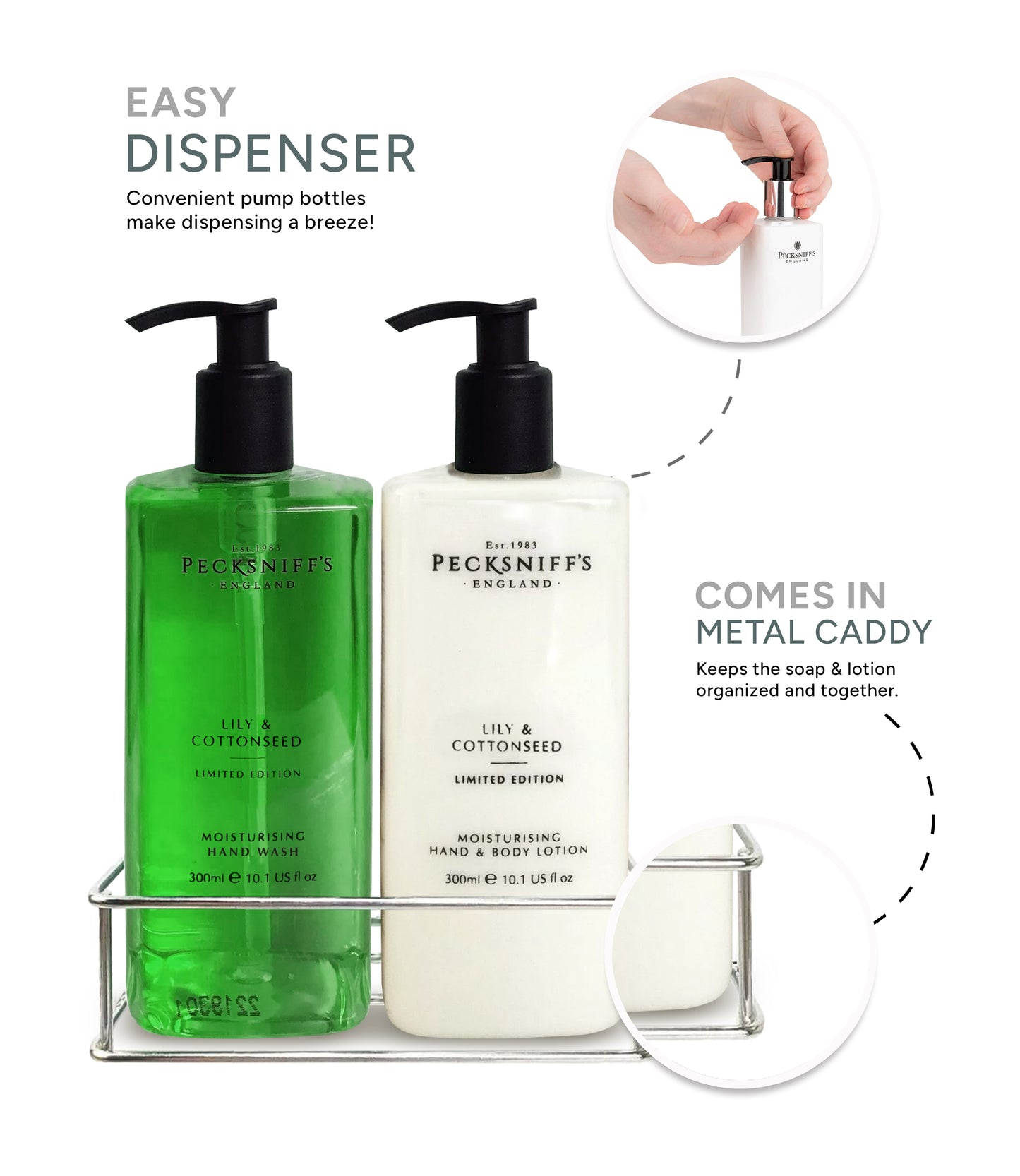 Pecksniff's Lily & Cottonseed Moisturizing Hand Wash and Hand Lotion in a Black Mesh Caddy | 300ml/10.14 Fl oz