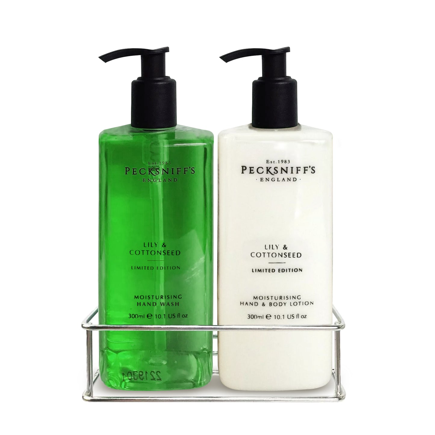 Pecksniff's Lily & Cottonseed Moisturizing Hand Wash and Hand Lotion in a Black Mesh Caddy | 300ml/10.14 Fl oz