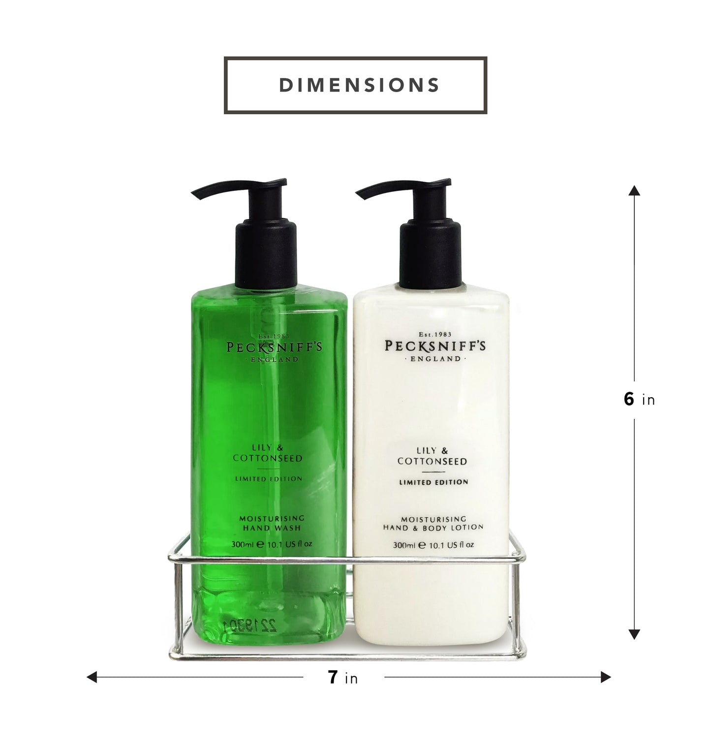 Pecksniff's Lily & Cottonseed Moisturizing Hand Wash and Hand Lotion in a Black Mesh Caddy | 300ml/10.14 Fl oz