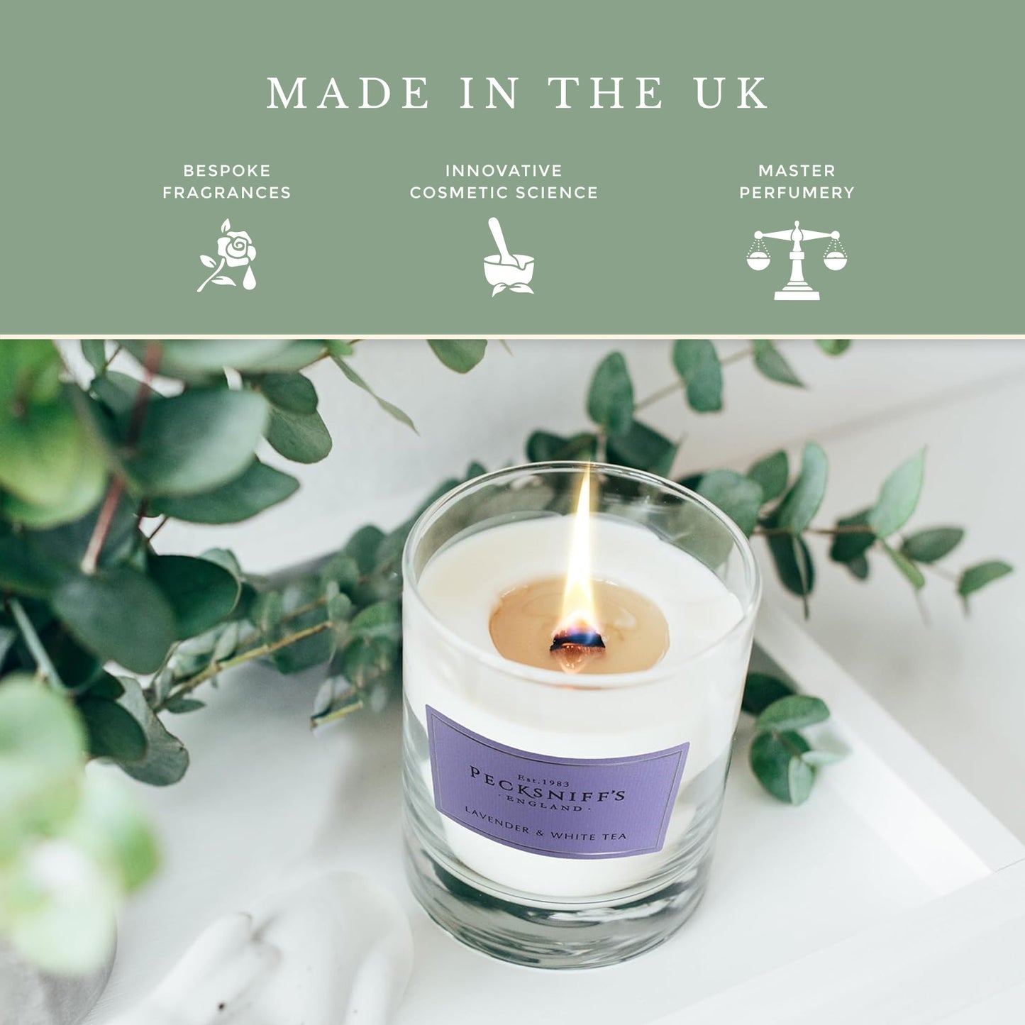 Pecksniff's Classic Lavender & White Tea Scented Candle | 1 Wick, 184g/6.49oz