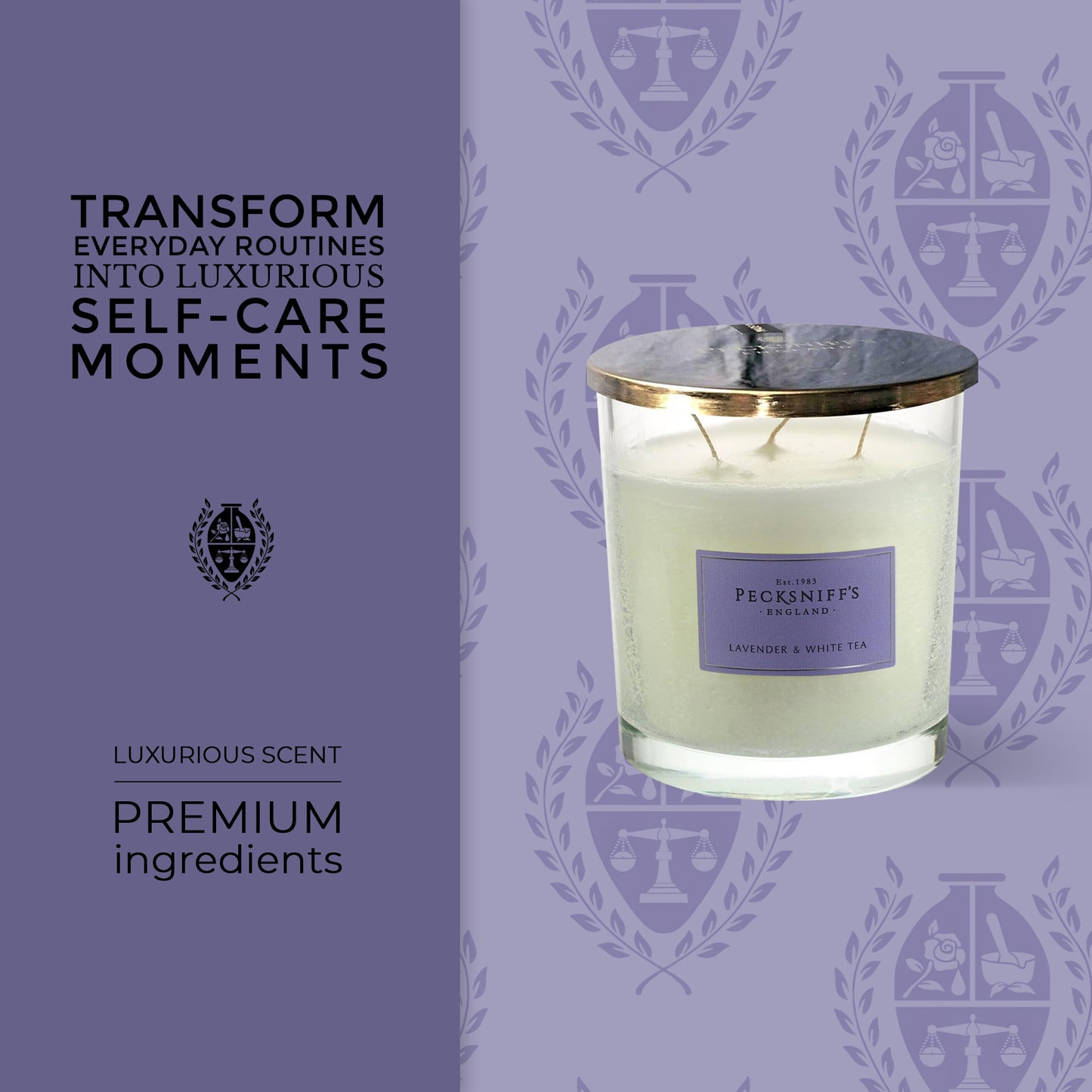 Pecksniff's Classic Lavender & White Tea Scented Candle | 3 Wicks, 550g/19.4oz