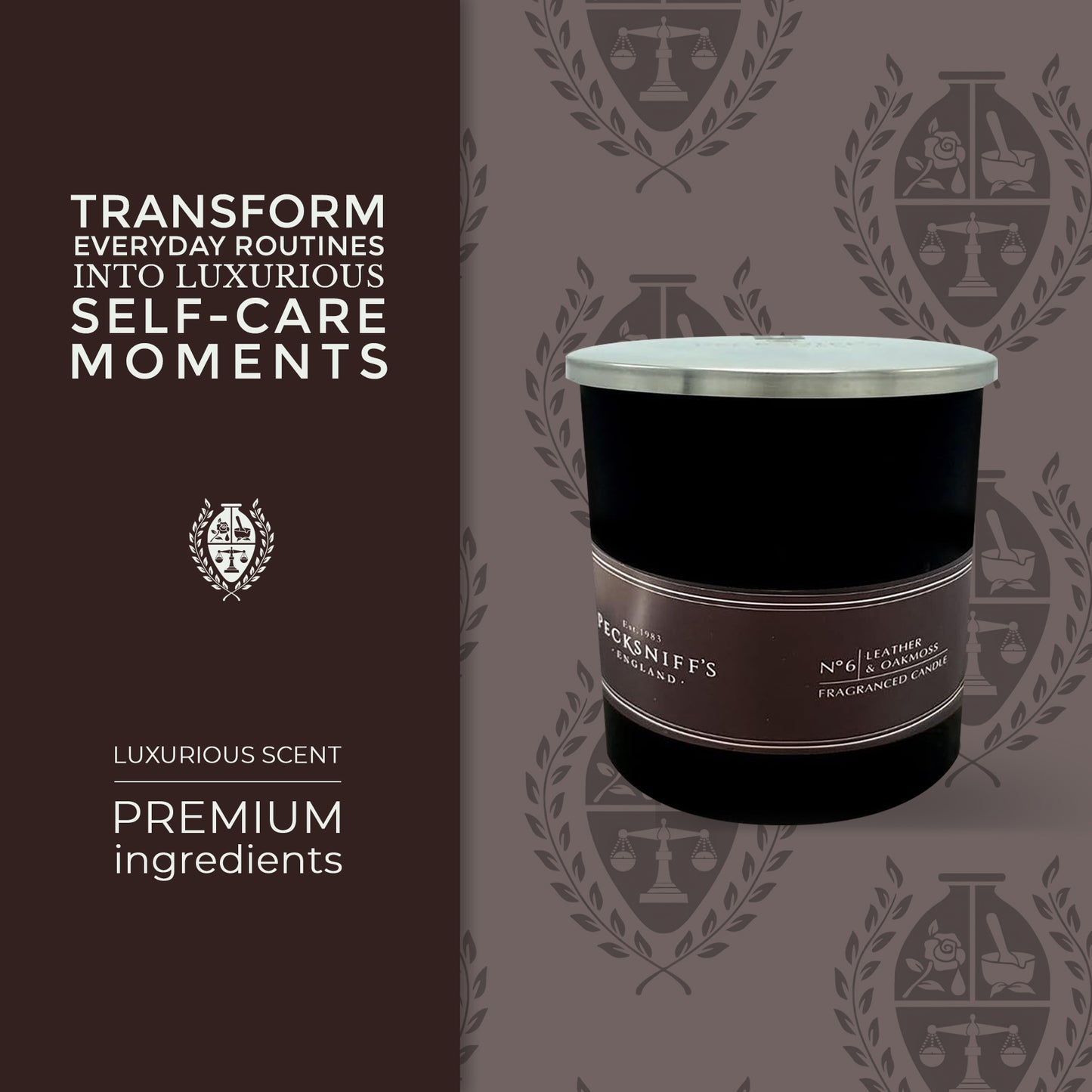 Pecksniff's Black Leather & Oakmoss Scented Candle | 1 Wick, 184g/6.49oz