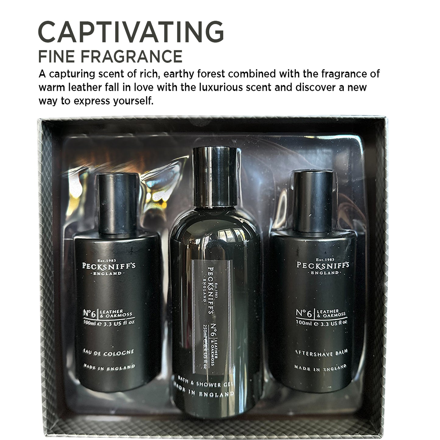 Pecksniffs Leather & Oakmoss Men's Gift Set: Eau de Cologne, 3-in-1 Bath & Shower Gel, After Shave Balm