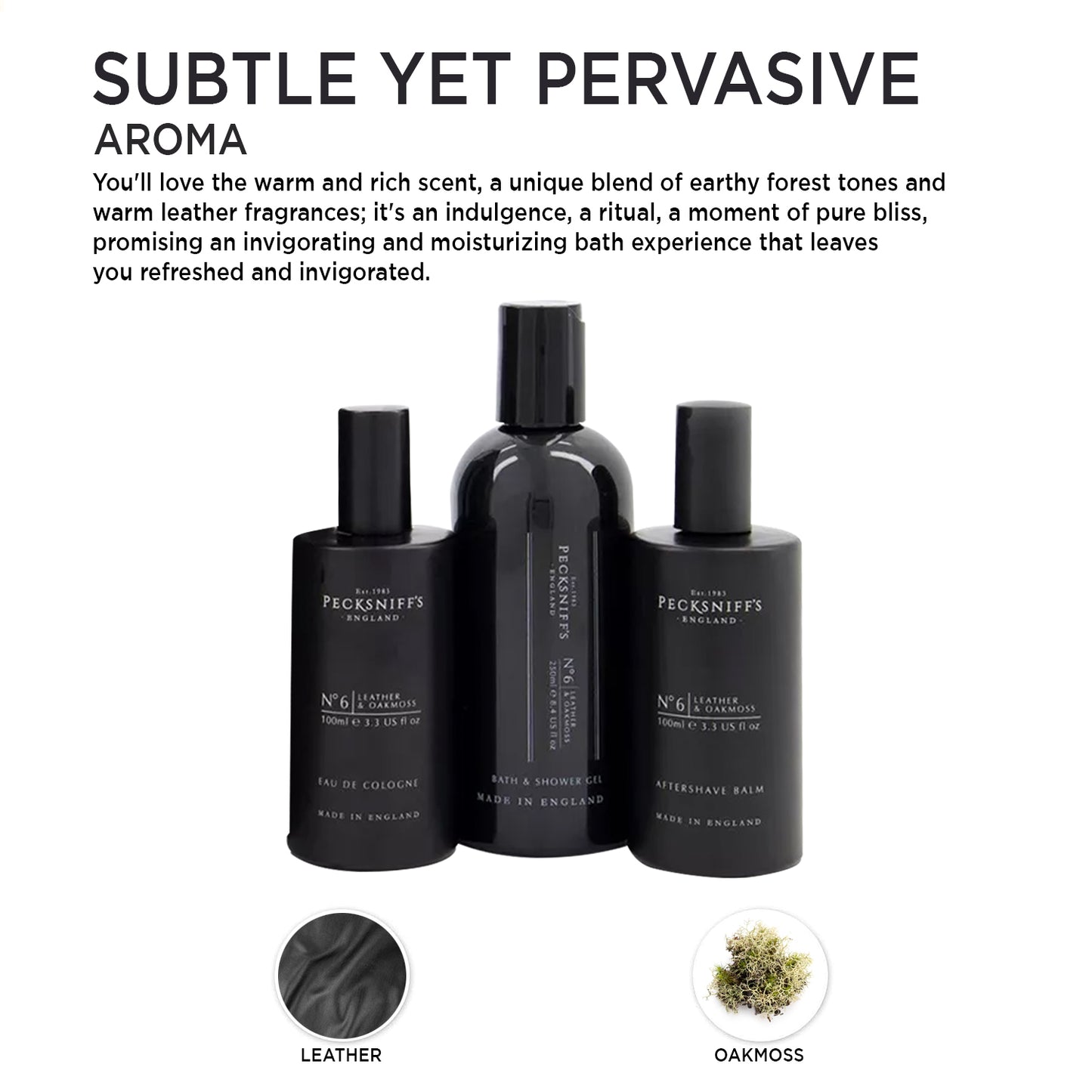 Pecksniffs Leather & Oakmoss Men's Gift Set: Eau de Cologne, 3-in-1 Bath & Shower Gel, After Shave Balm
