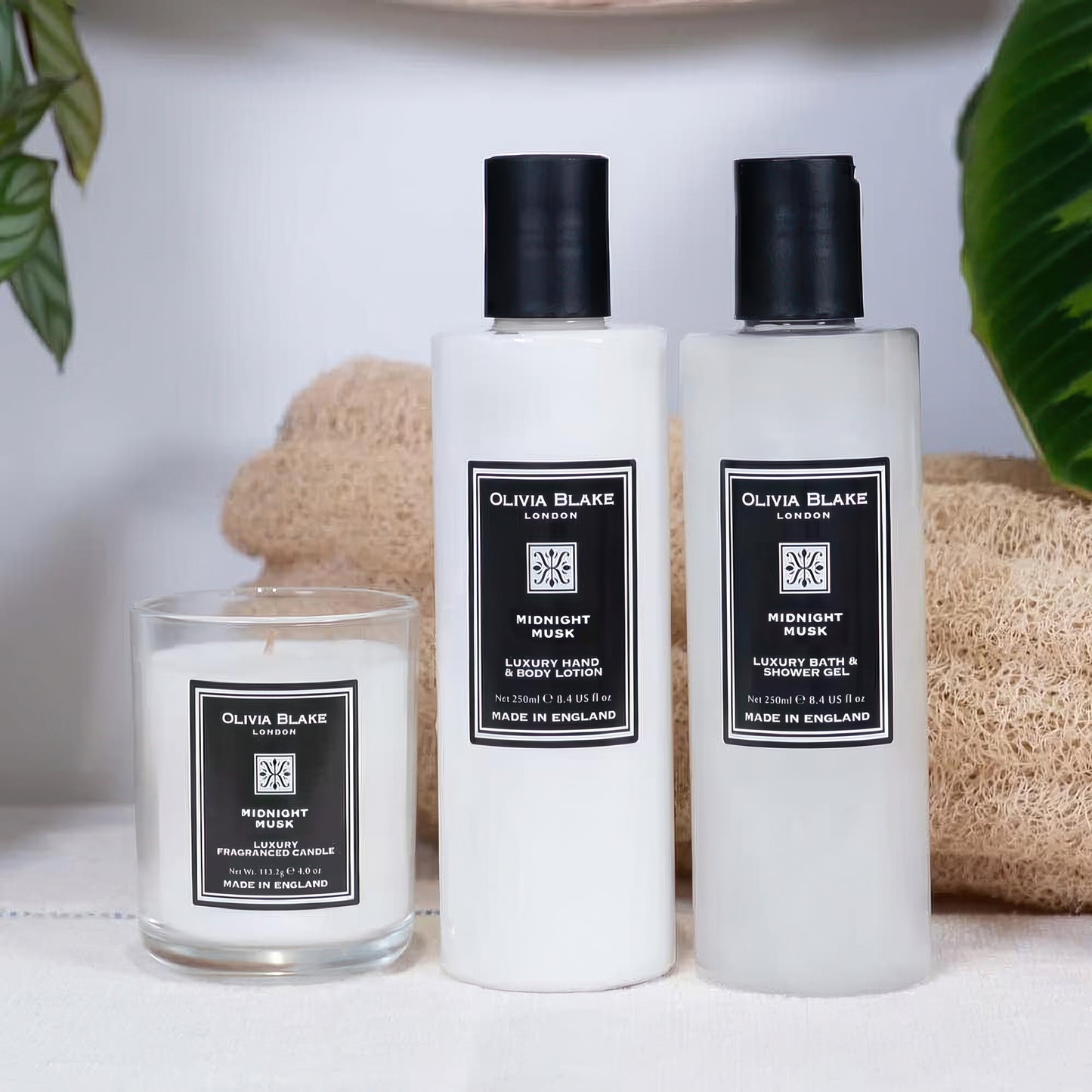 Olivia Blake Midnight Musk Trio Gift Set – Luxury Bath & Shower Gel 250ml, Hand & Body Lotion 250ml, Fragranced Candle 100ml – Elegant Home & Body Collection, Made in London