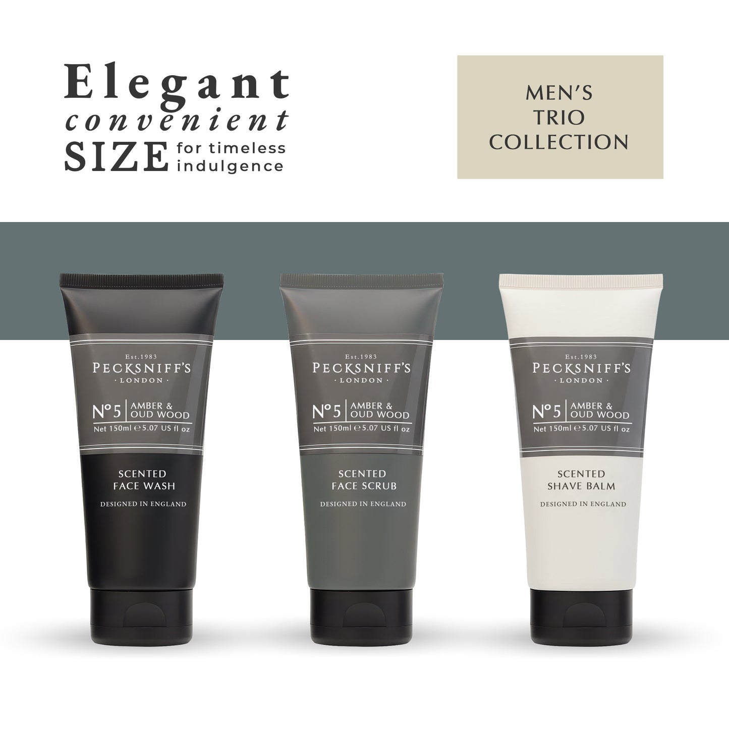Pecksniff’s Men’s Trio Collection – Amber & Oud Wood – Face Wash, Face Scrub & Shave Balm Gift Set, 3 x 75ml
