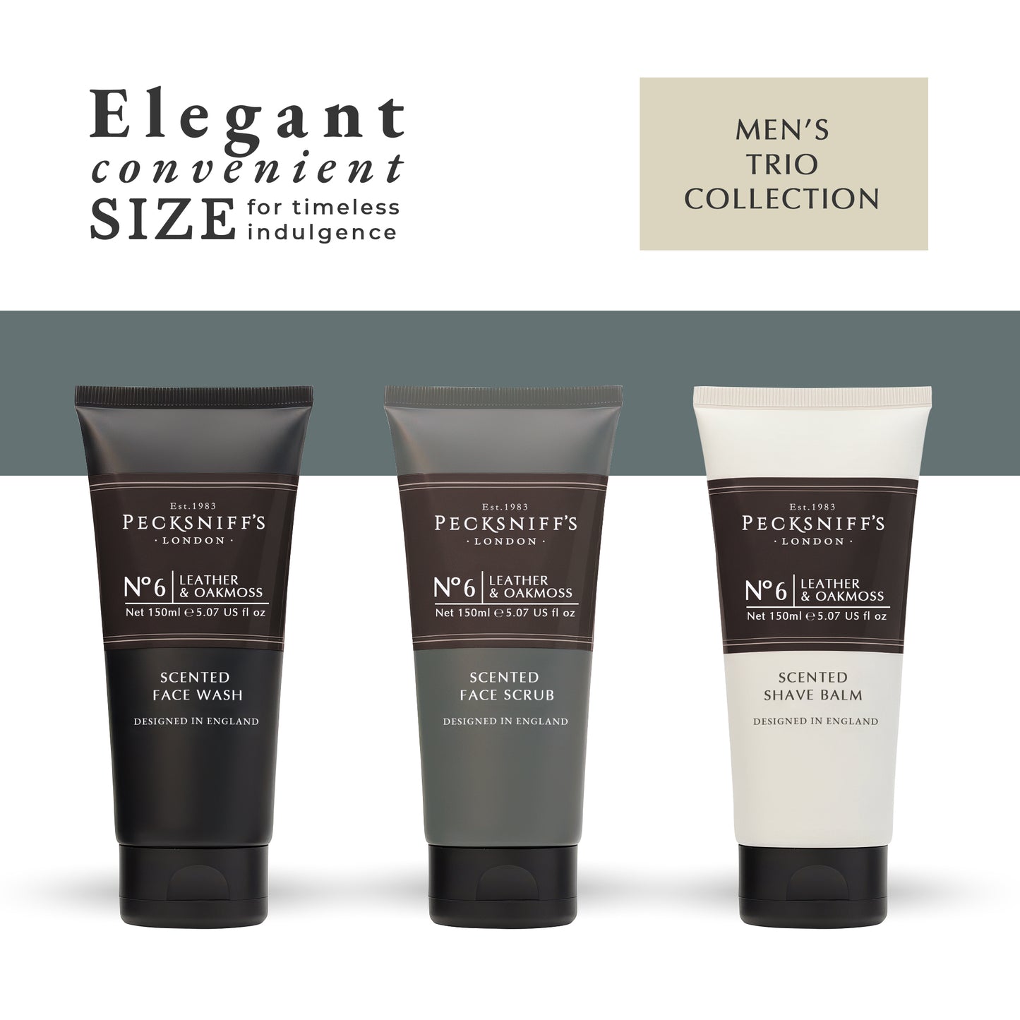 Pecksniff’s Men’s Trio Face Collection – Leather & Oakmoss – Face Wash, Face Scrub & Shave Balm Gift Set, 3 x 75ml