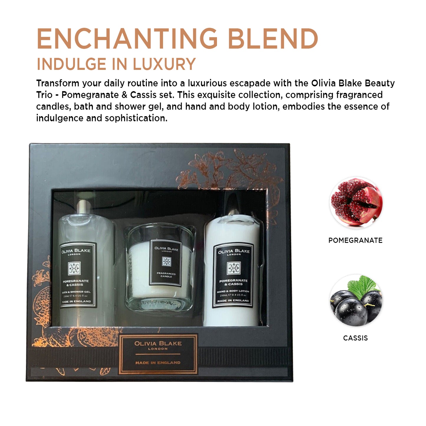 Olivia Blake Beauty Trio: Pomegranate & Cassis - Fragranced Candles, Bath Gel, and Body Lotion Set