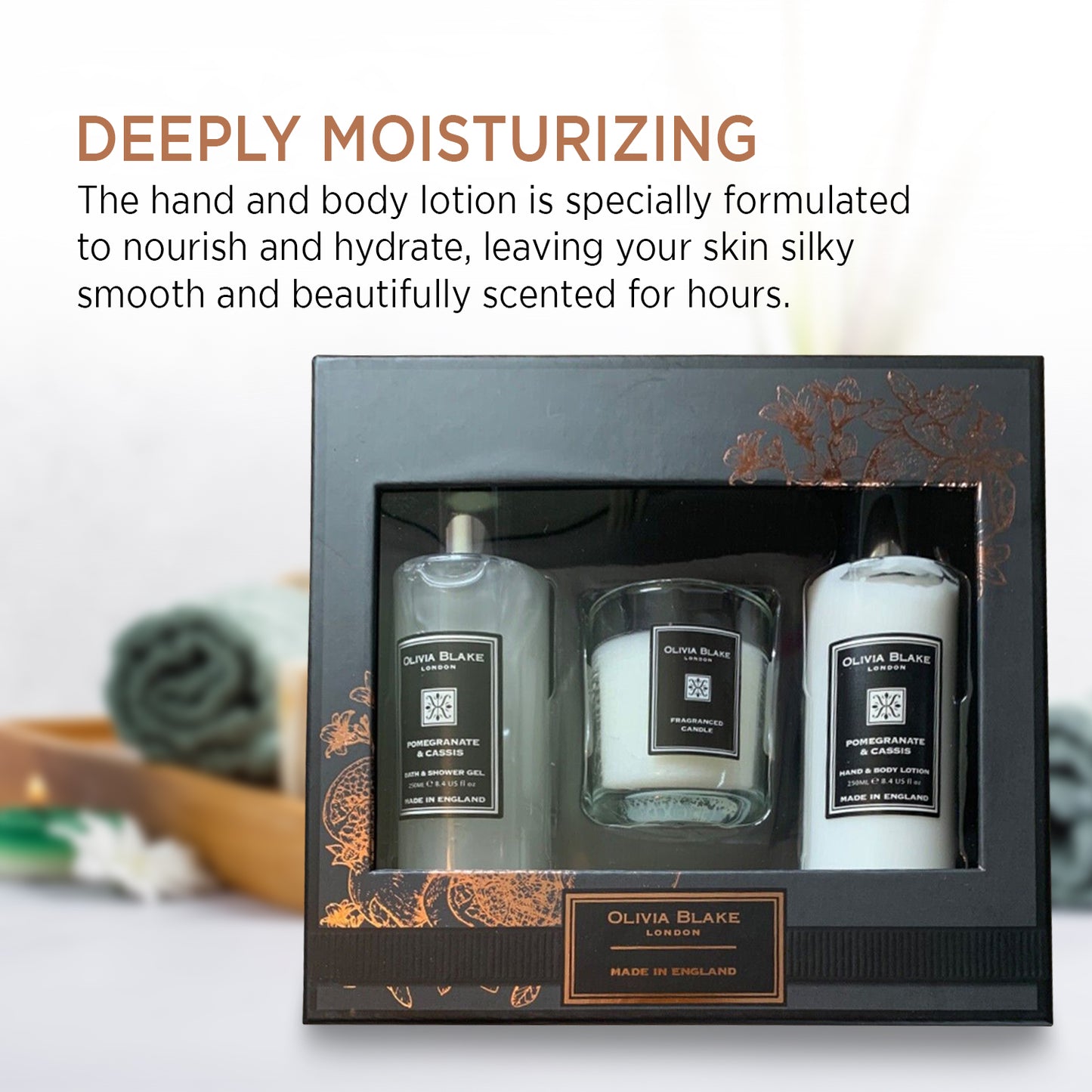 Olivia Blake Beauty Trio: Pomegranate & Cassis - Fragranced Candles, Bath Gel, and Body Lotion Set