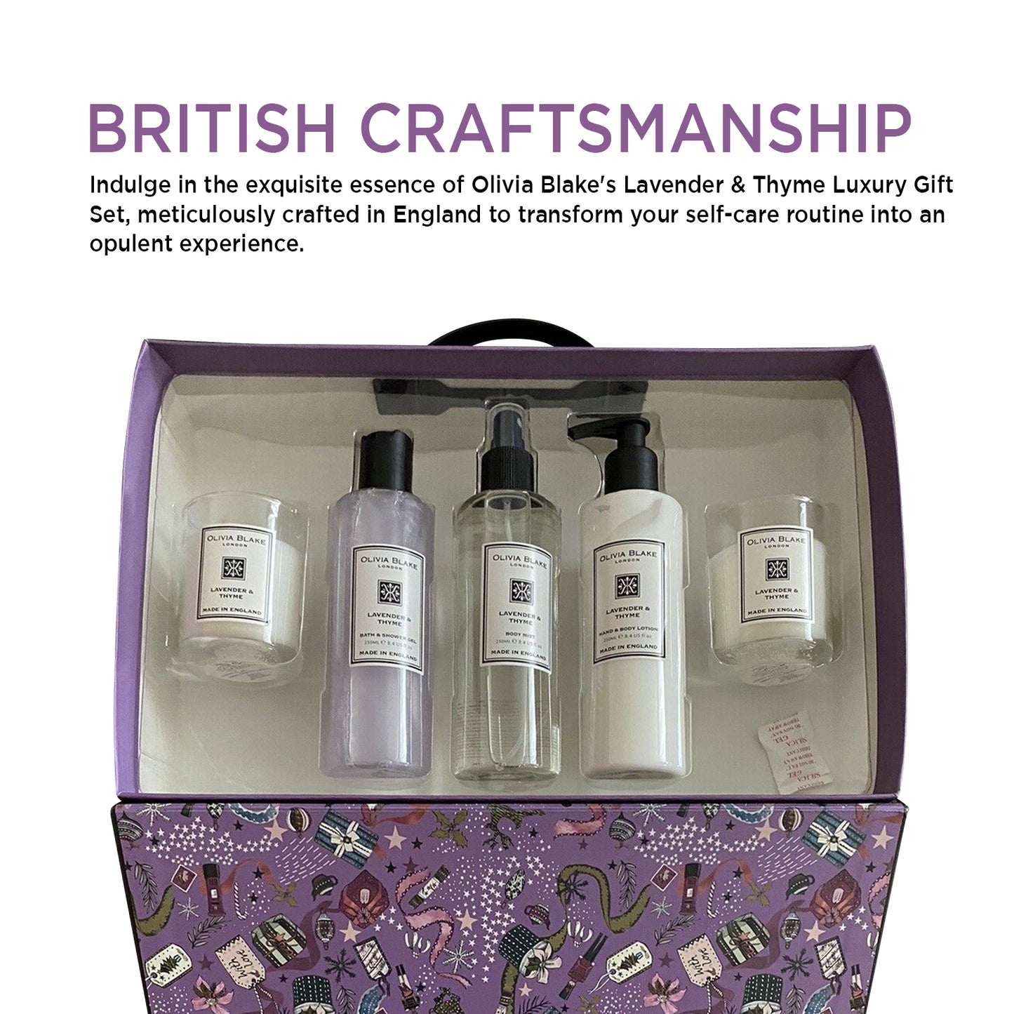 Olivia Blake Lavender & Thyme Luxury Gift Set - Fragranced Candles, Bath Gel, Body Mist, Hand & Body Lotion - Made in England