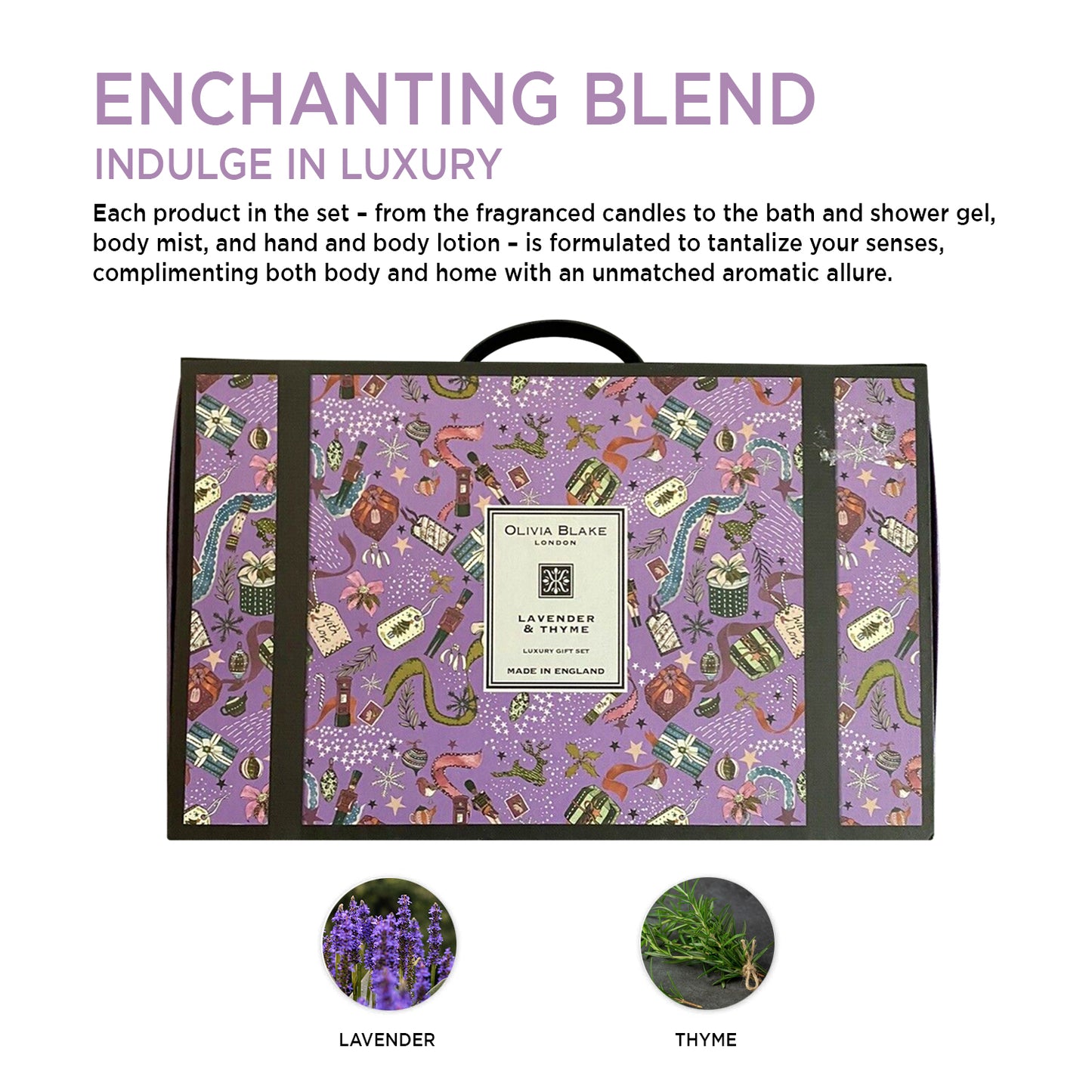 Olivia Blake Lavender & Thyme Luxury Gift Set - Fragranced Candles, Bath Gel, Body Mist, Hand & Body Lotion - Made in England