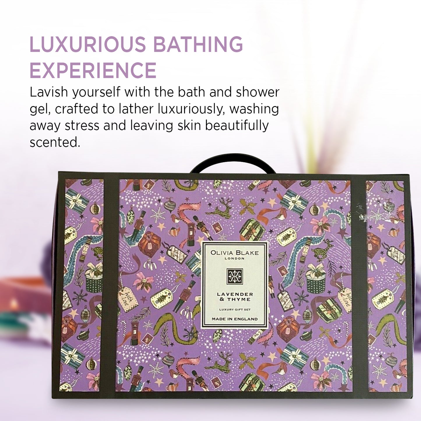 Olivia Blake Lavender & Thyme Luxury Gift Set - Fragranced Candles, Bath Gel, Body Mist, Hand & Body Lotion - Made in England