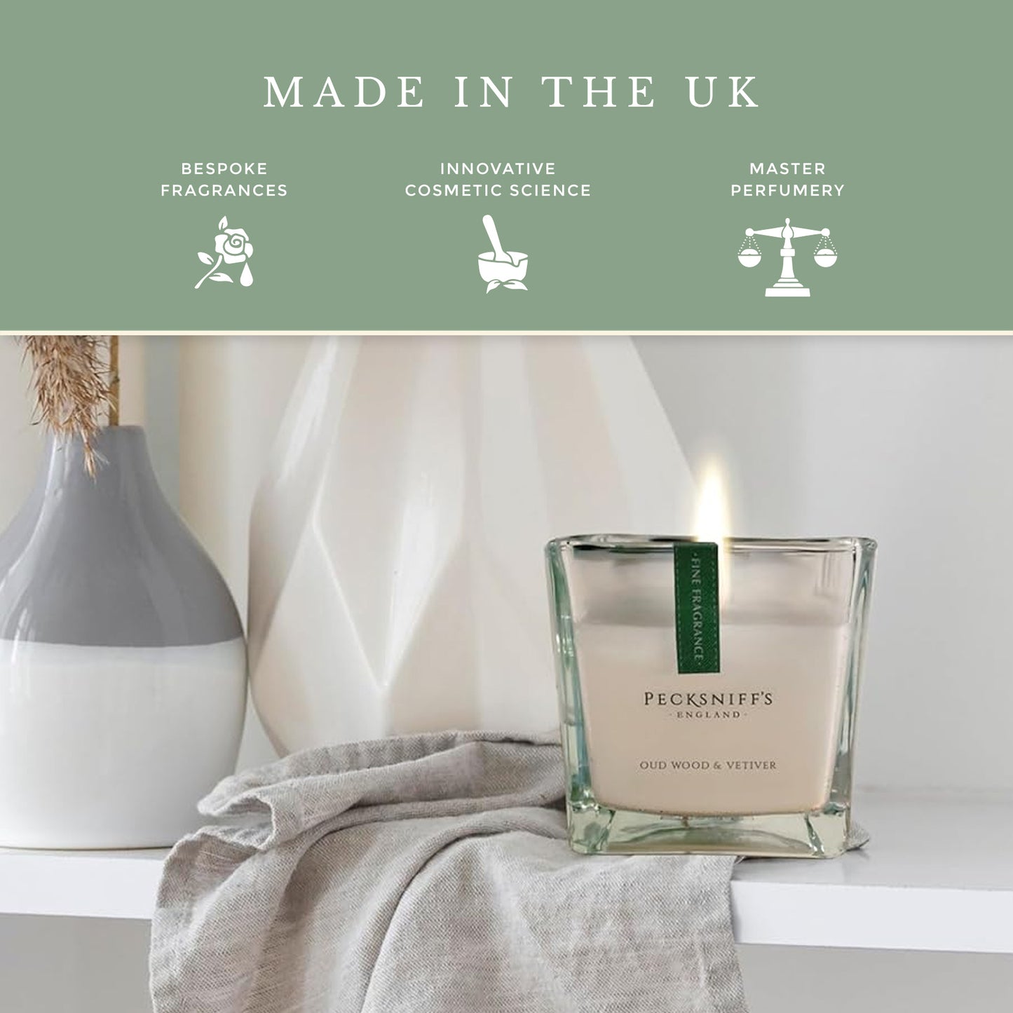 Pecksniffs Prestige Oud Wood & Vetiver Scented Square Candle | 1 Wick, 190g /6.7oz