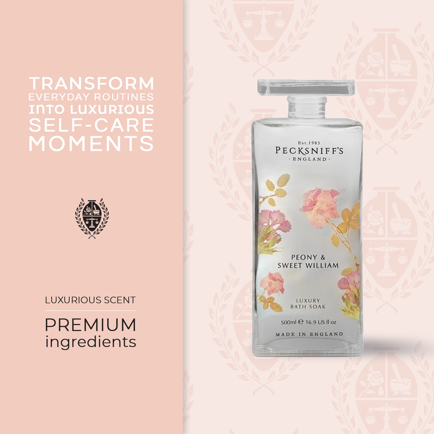 Pecksniffs Peony & Sweet William Bath Soak Decanter | 500ml/16.9 Fl Oz
