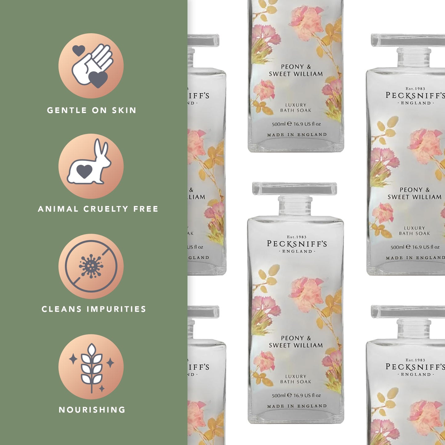 Pecksniffs Peony & Sweet William Bath Soak Decanter | 500ml/16.9 Fl Oz