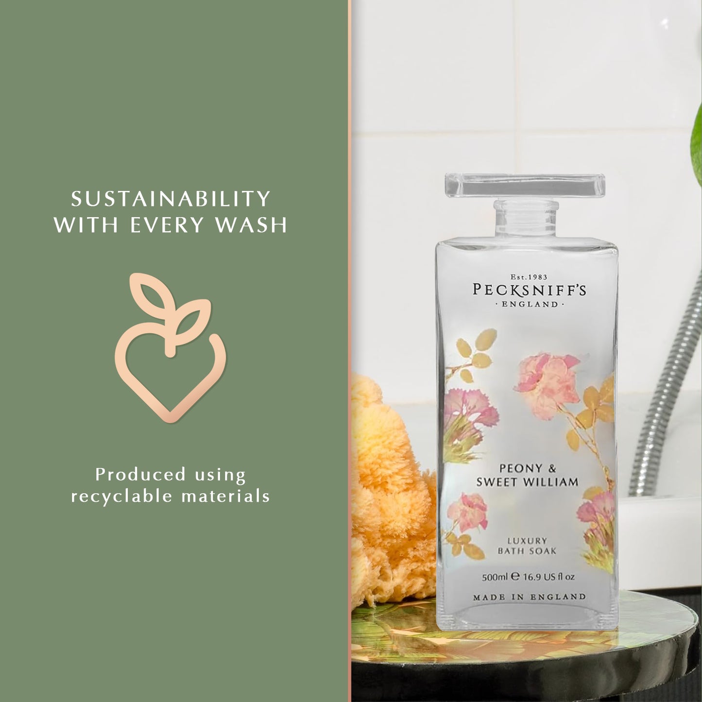Pecksniffs Peony & Sweet William Bath Soak Decanter | 500ml/16.9 Fl Oz