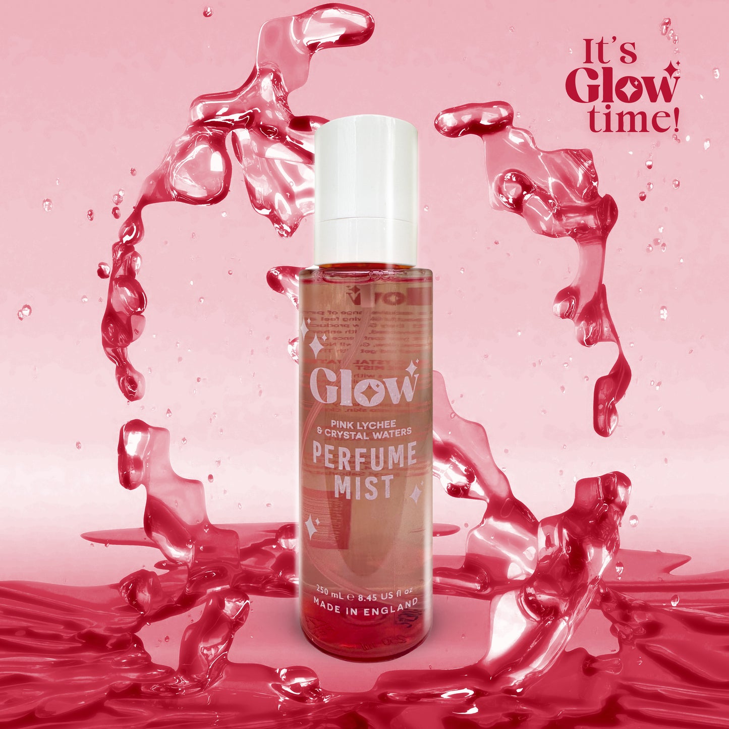 Glow Perfume Mist, Pink Lychee & Crystal Waters Body Spray, 250 ml / 8.45 fl oz, Made in England