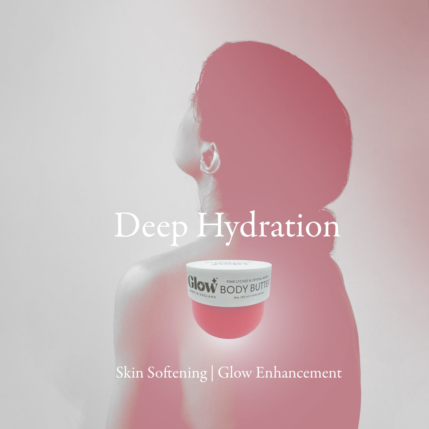 Glow Body Butter, Pink Lychee & Crystal Waters, 250 ml / 8.45 fl oz, Made in England