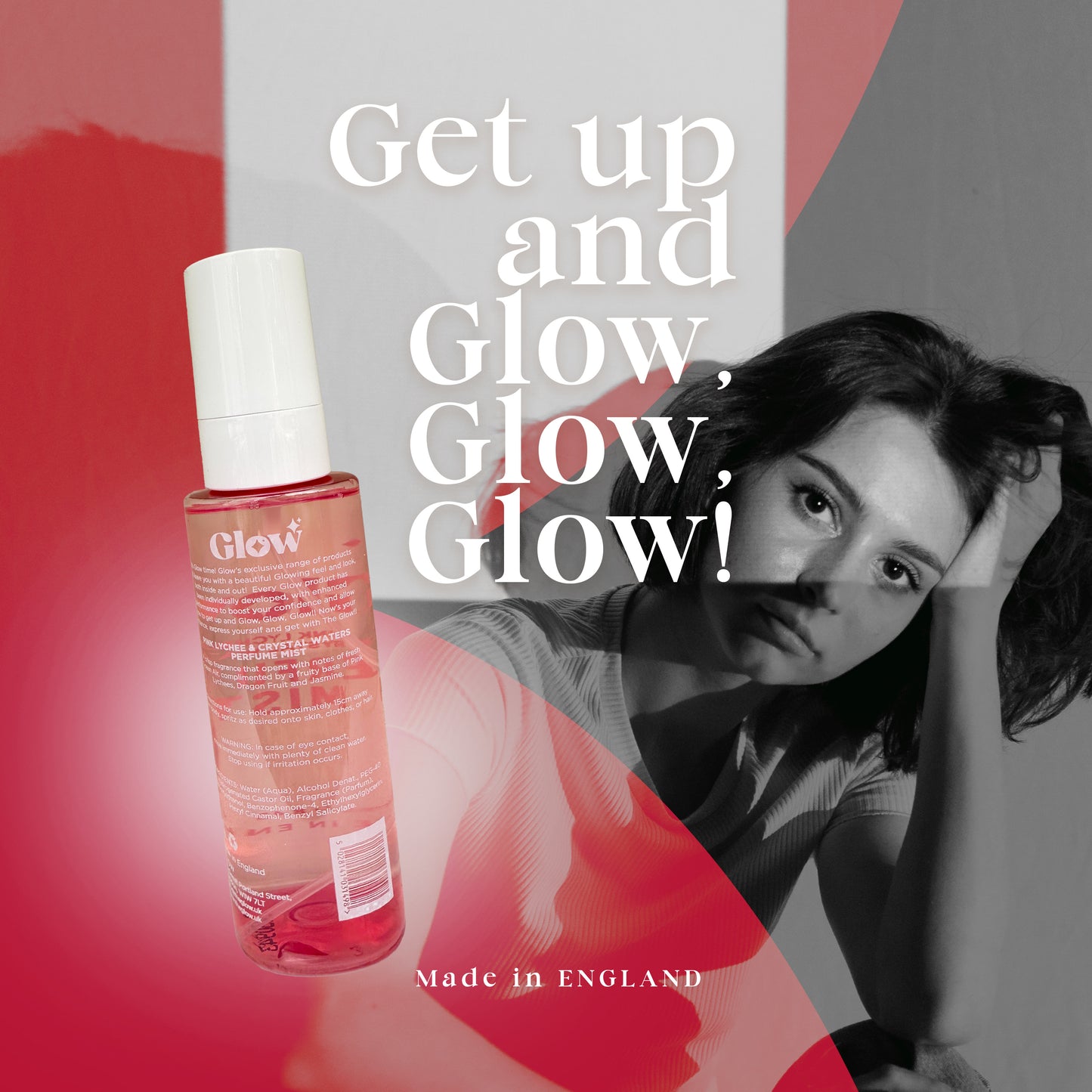 Glow Perfume Mist, Pink Lychee & Crystal Waters Body Spray, 250 ml / 8.45 fl oz, Made in England