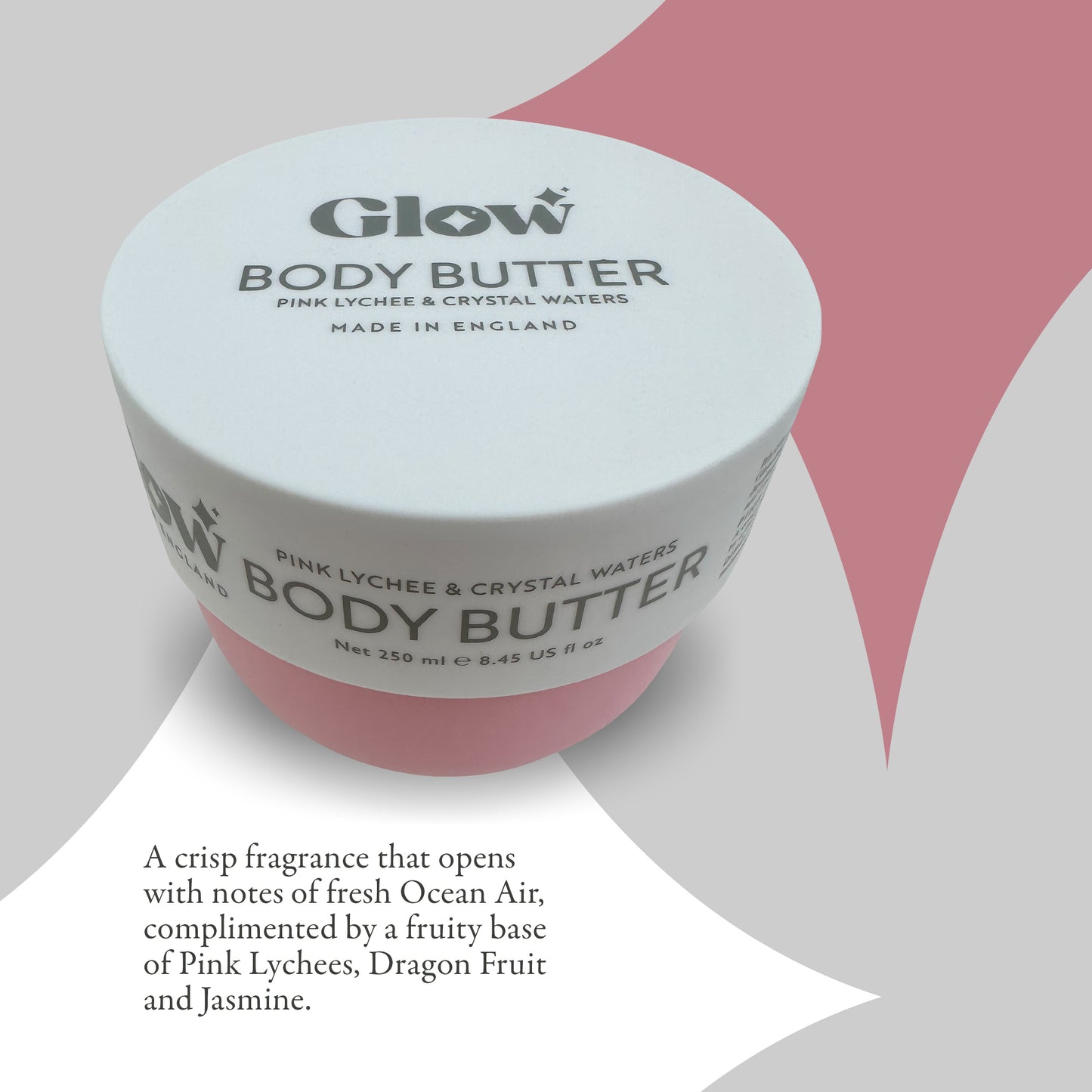 Glow Body Butter, Pink Lychee & Crystal Waters, 250 ml / 8.45 fl oz, Made in England