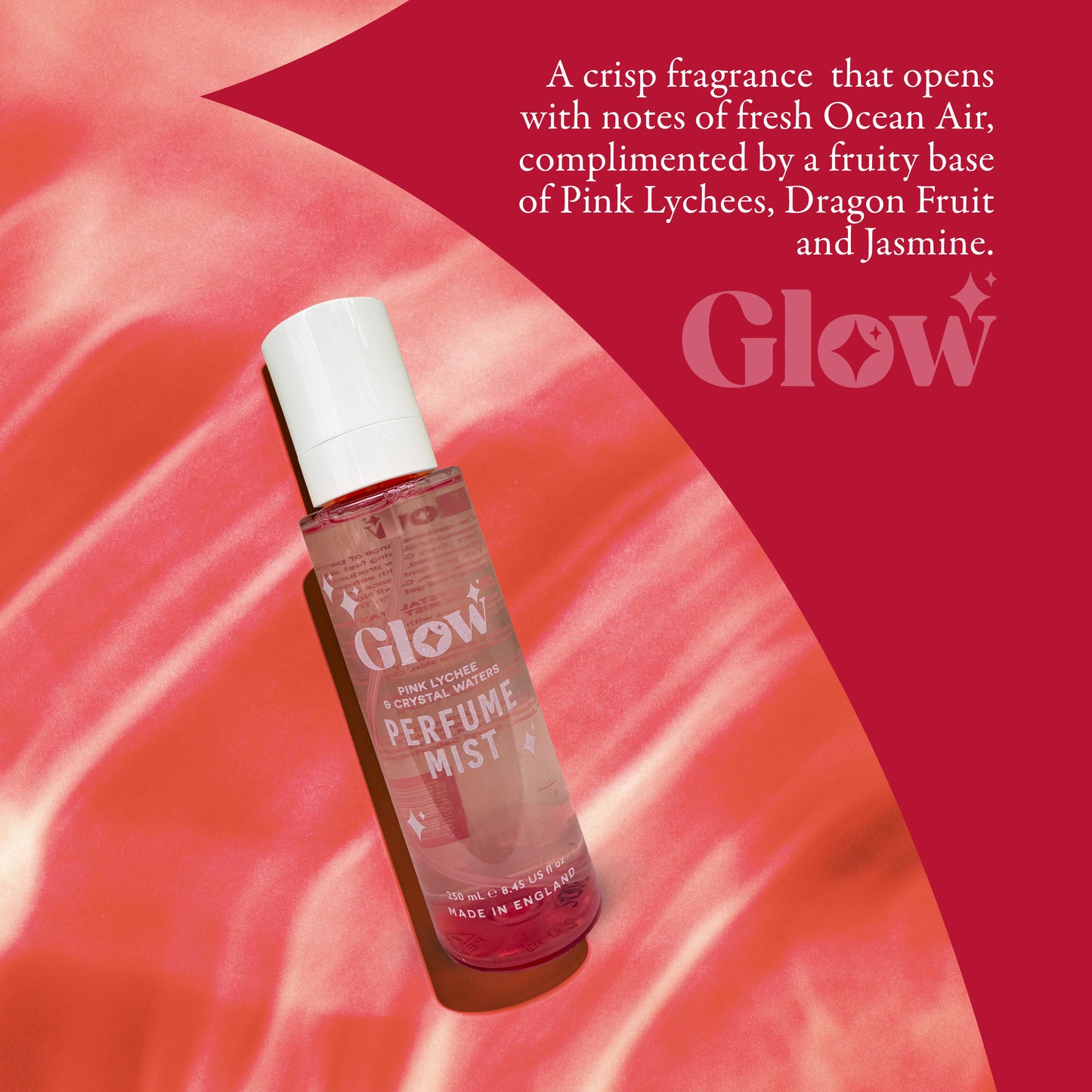 Glow Perfume Mist, Pink Lychee & Crystal Waters Body Spray, 250 ml / 8.45 fl oz, Made in England