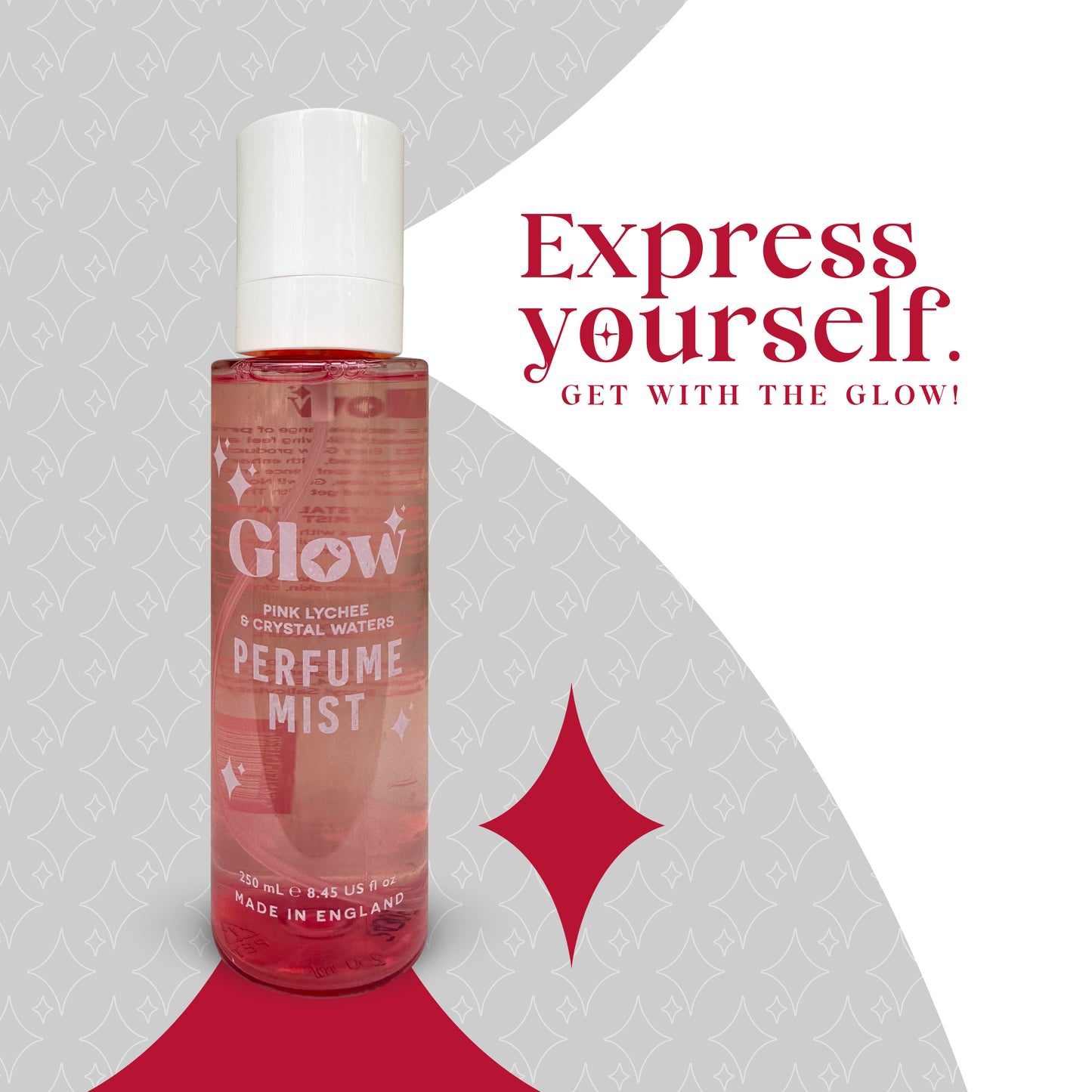 Glow Perfume Mist, Pink Lychee & Crystal Waters Body Spray, 250 ml / 8.45 fl oz, Made in England