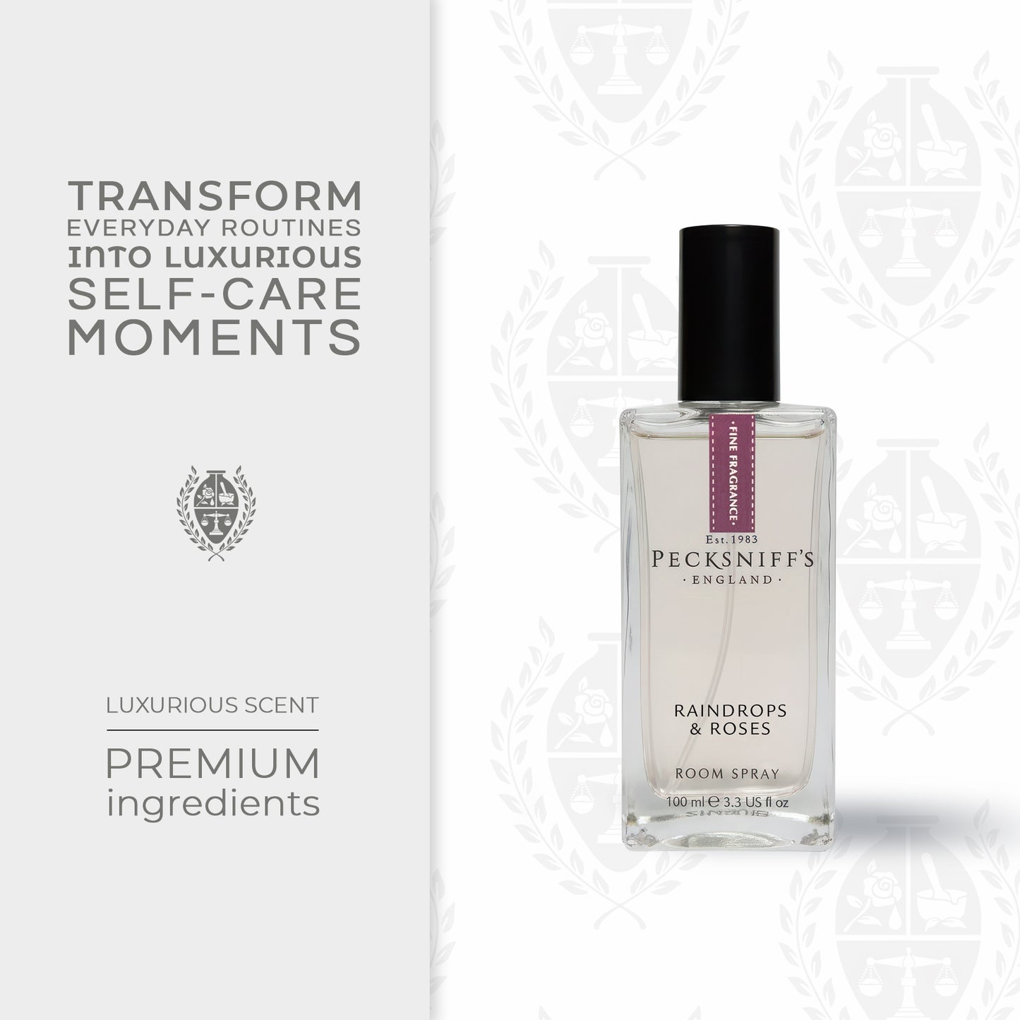 Pecksniffs Raindrops & Roses Square Room Spray | 100ml/3.38 Fl Oz