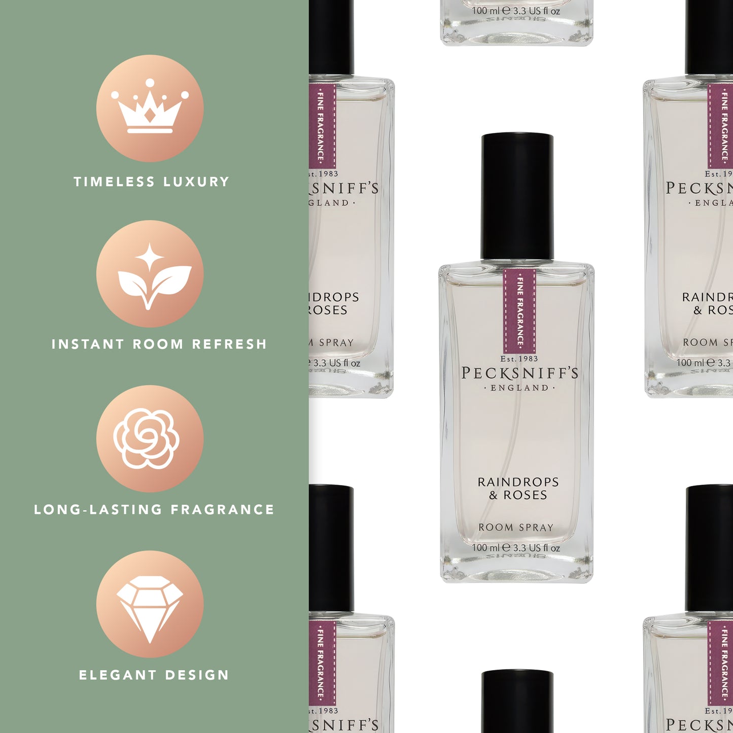 Pecksniffs Raindrops & Roses Square Room Spray | 100ml/3.38 Fl Oz