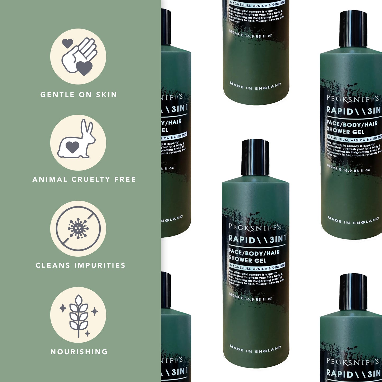 Pecksniff's Rapid Magnesium 3-in-1 Arnica & Ginseng Shower Gel | 500ml /16.9 Fl Oz