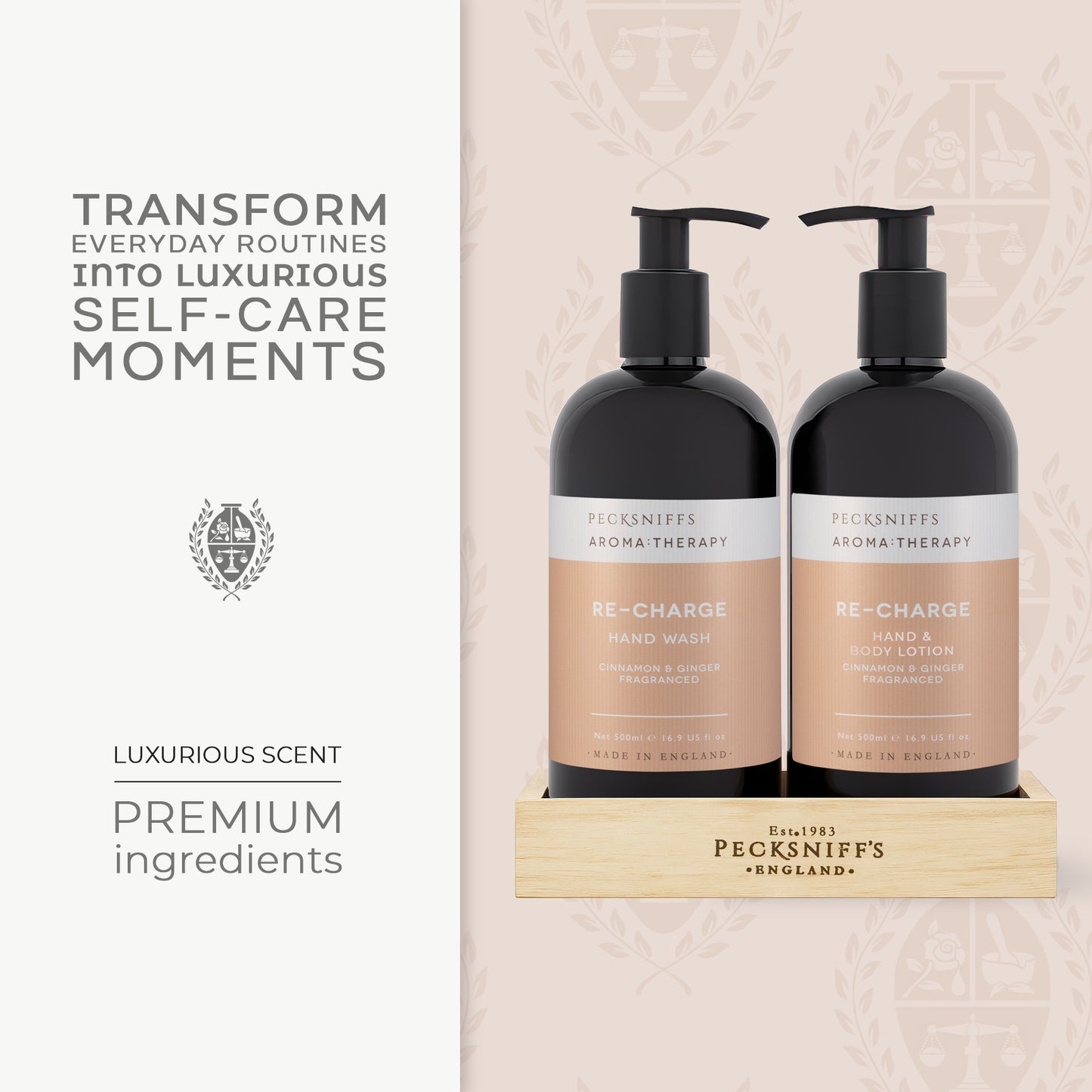 Pecksniff's Aroma:Therapy Re-Charge Duo Caddy, 500 ml/16.9 fl oz Hand Wash and 500 ml/16.9 fl oz Hand & Body Lotion