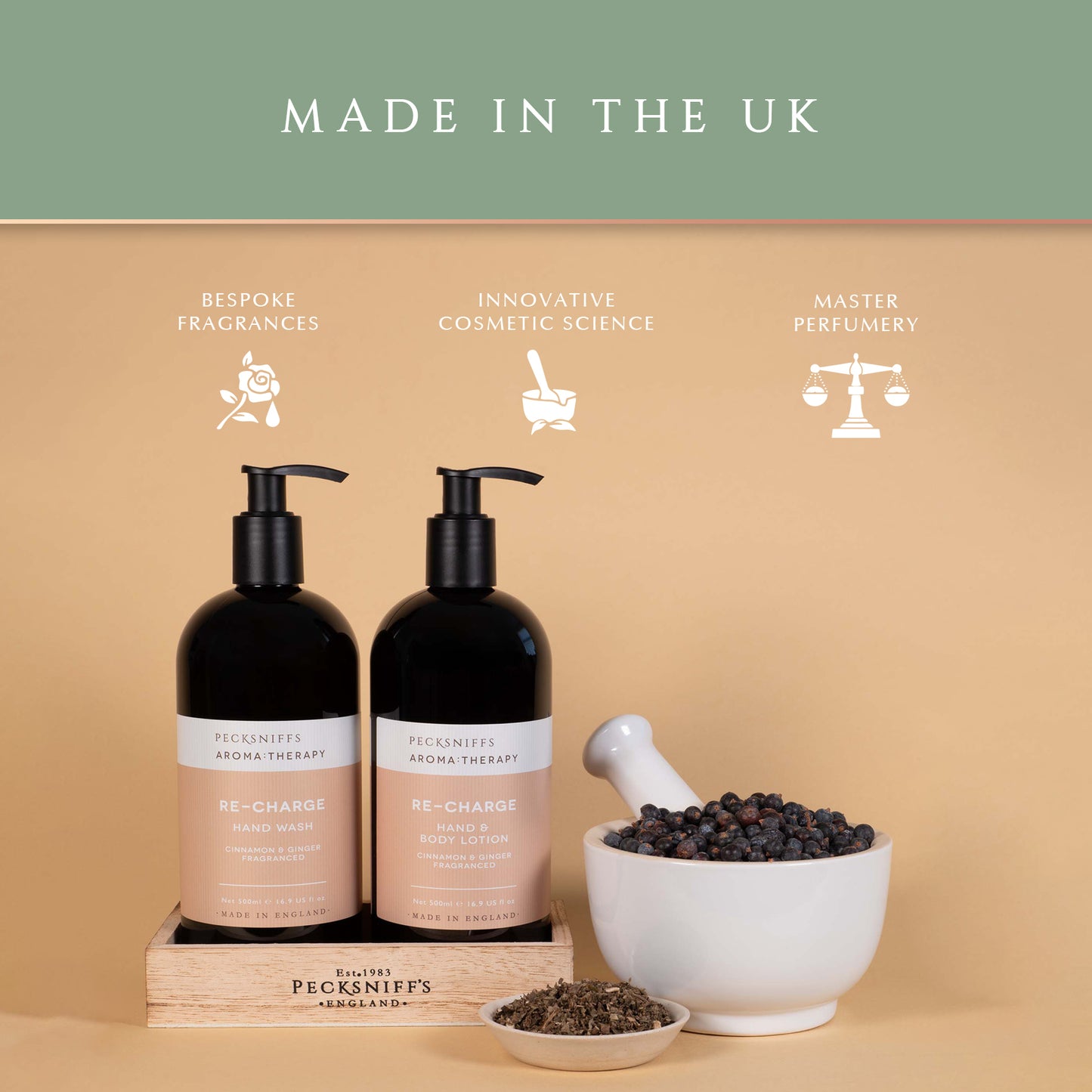 Pecksniff's Aroma:Therapy Re-Charge Duo Caddy, 500 ml/16.9 fl oz Hand Wash and 500 ml/16.9 fl oz Hand & Body Lotion