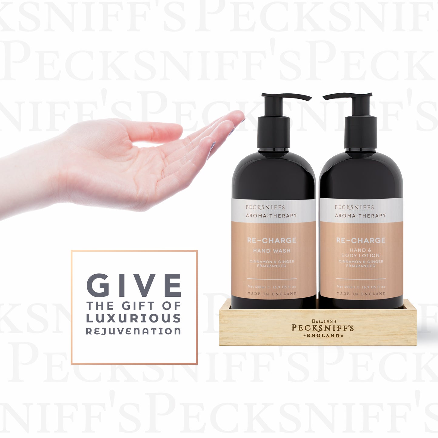 Pecksniff's Aroma:Therapy Re-Charge Duo Caddy, 500 ml/16.9 fl oz Hand Wash and 500 ml/16.9 fl oz Hand & Body Lotion