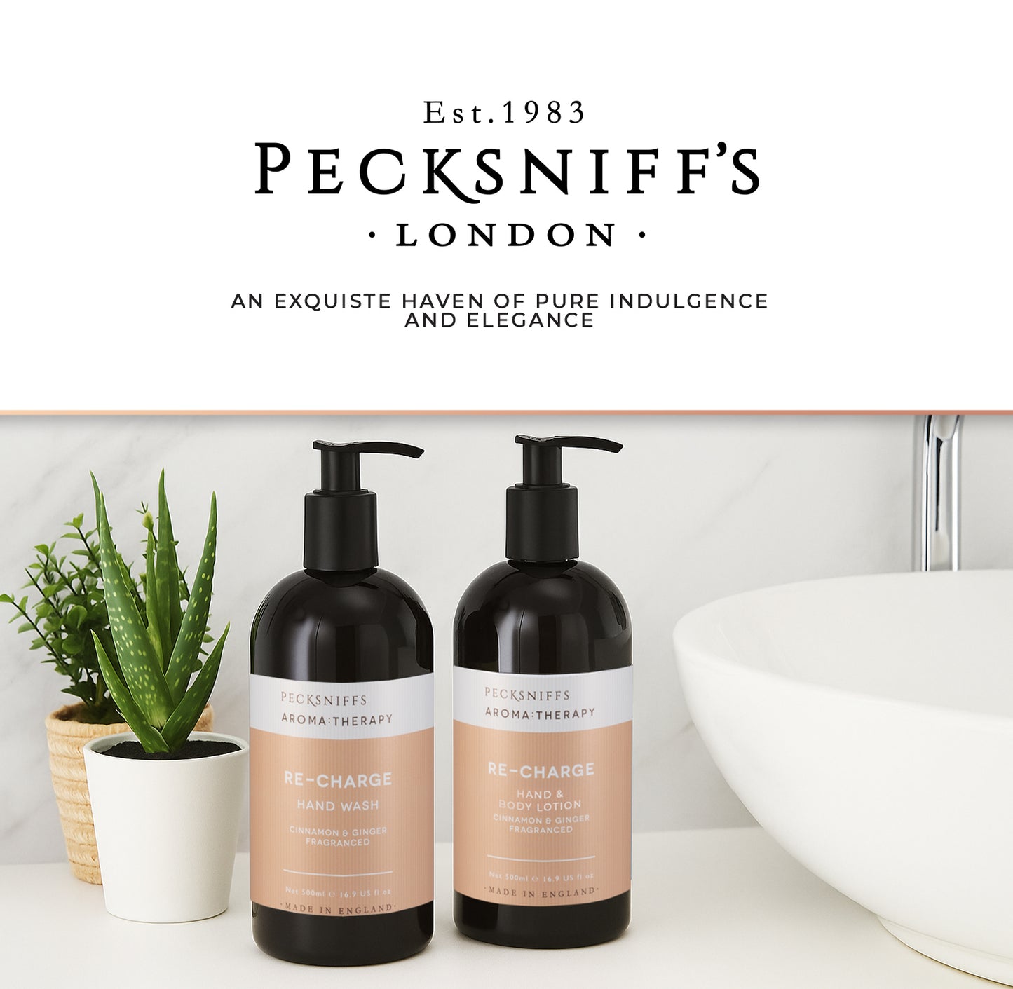 Pecksniff's Aroma:Therapy Re-Charge Duo Caddy, 500 ml/16.9 fl oz Hand Wash and 500 ml/16.9 fl oz Hand & Body Lotion