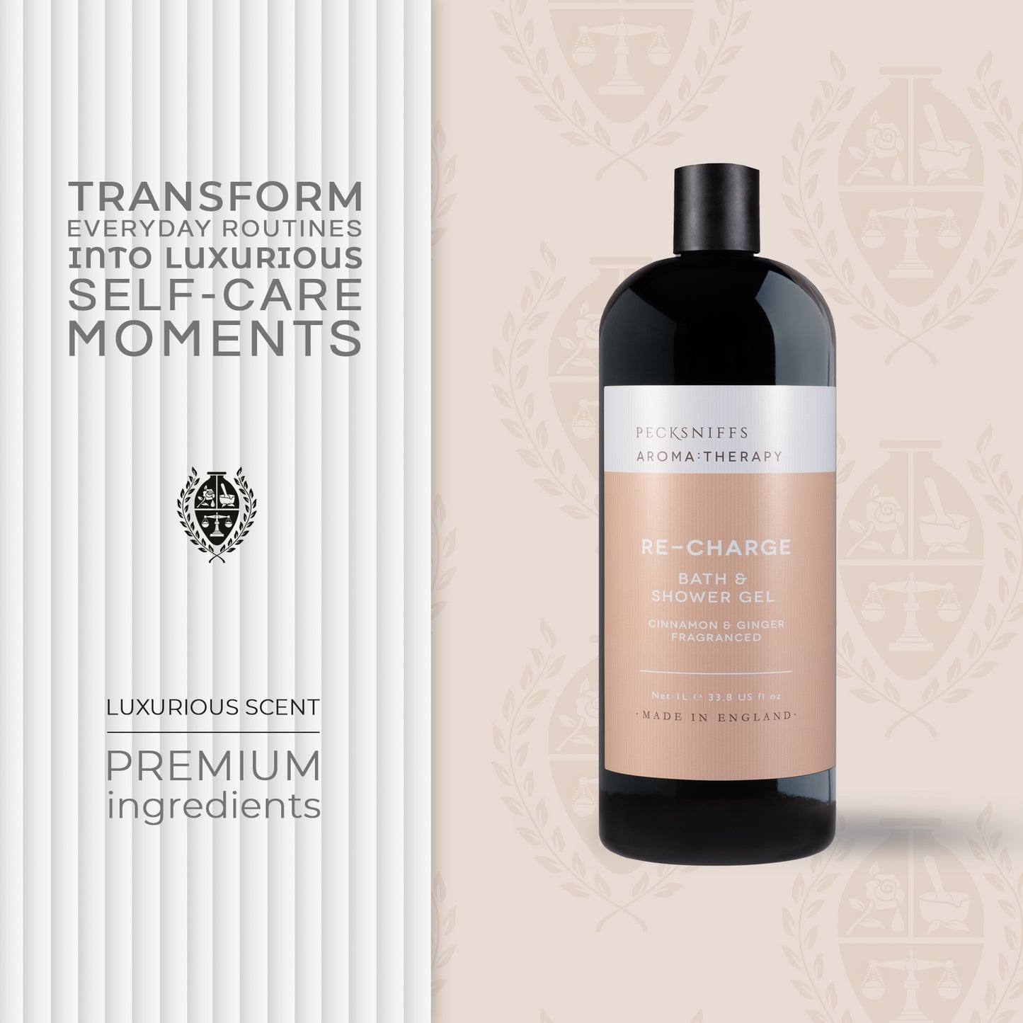 Pecksniff's Aroma:Therapy Re-Charge Shower Gel – Luxurious Moisturizing Bath & Body Cleanser, 1000 ml/33.8 fl oz Bottle