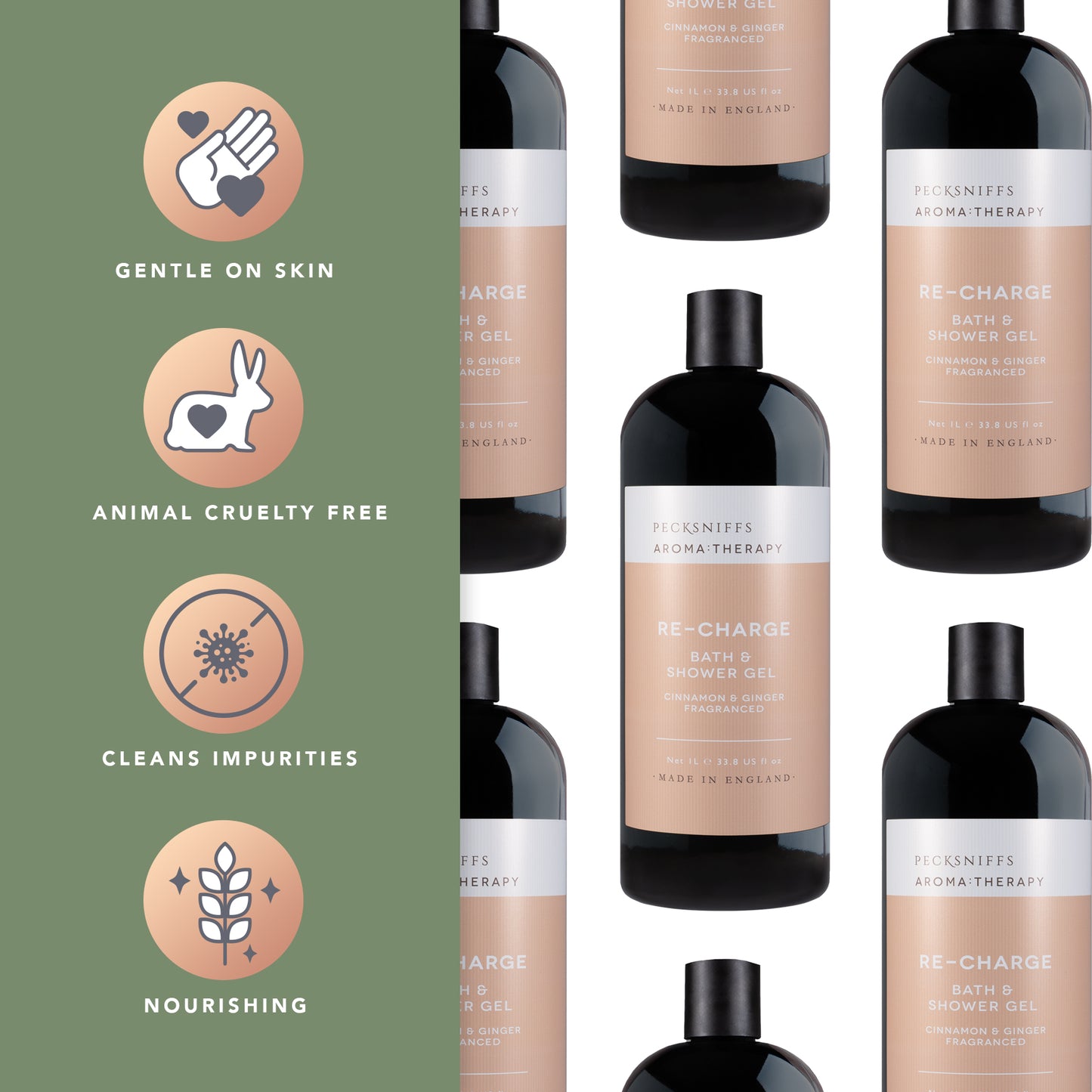 Pecksniff's Aroma:Therapy Re-Charge Shower Gel – Luxurious Moisturizing Bath & Body Cleanser, 1000 ml/33.8 fl oz Bottle